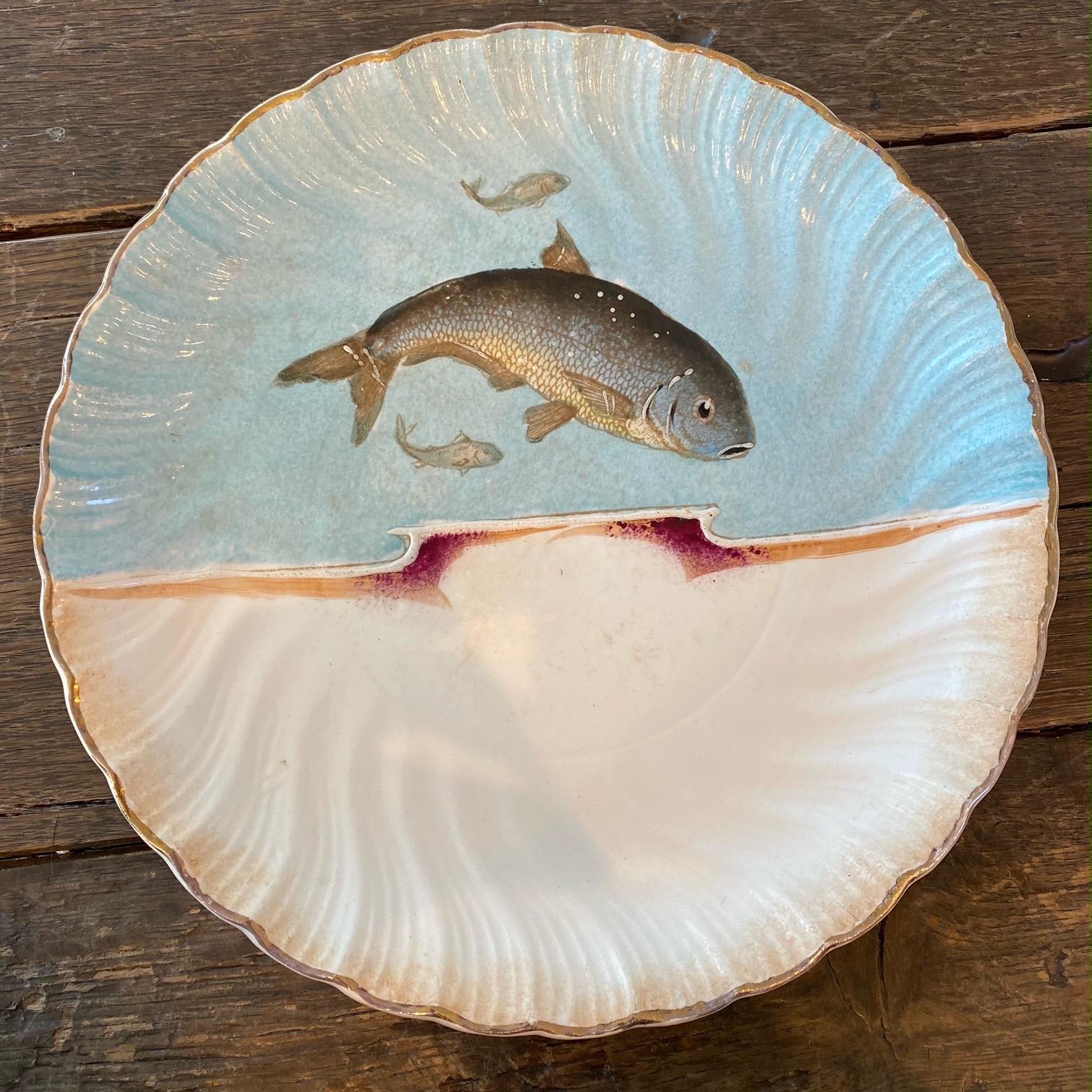 Pottery 19th Century Hand Painted Franz Mehlem Signed Porcelain Fish Platter & 10 Plates For Sale