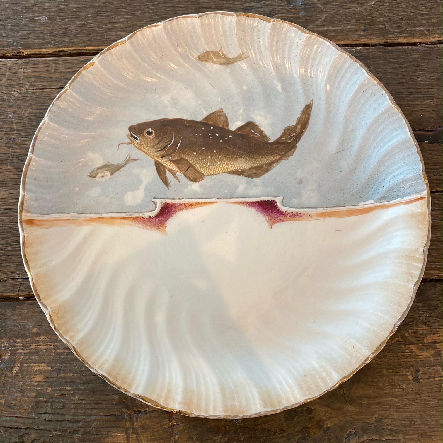 19th Century Hand Painted Franz Mehlem Signed Porcelain Fish Platter & 10 Plates For Sale 1