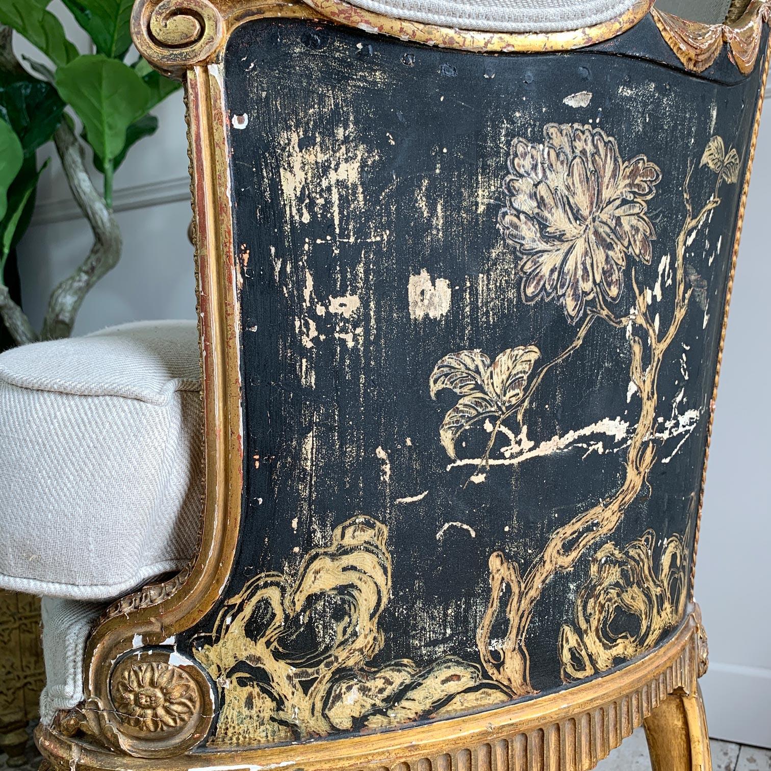 18th C Black and Gold Hand Painted French Chinoiserie Bergere Chair 3