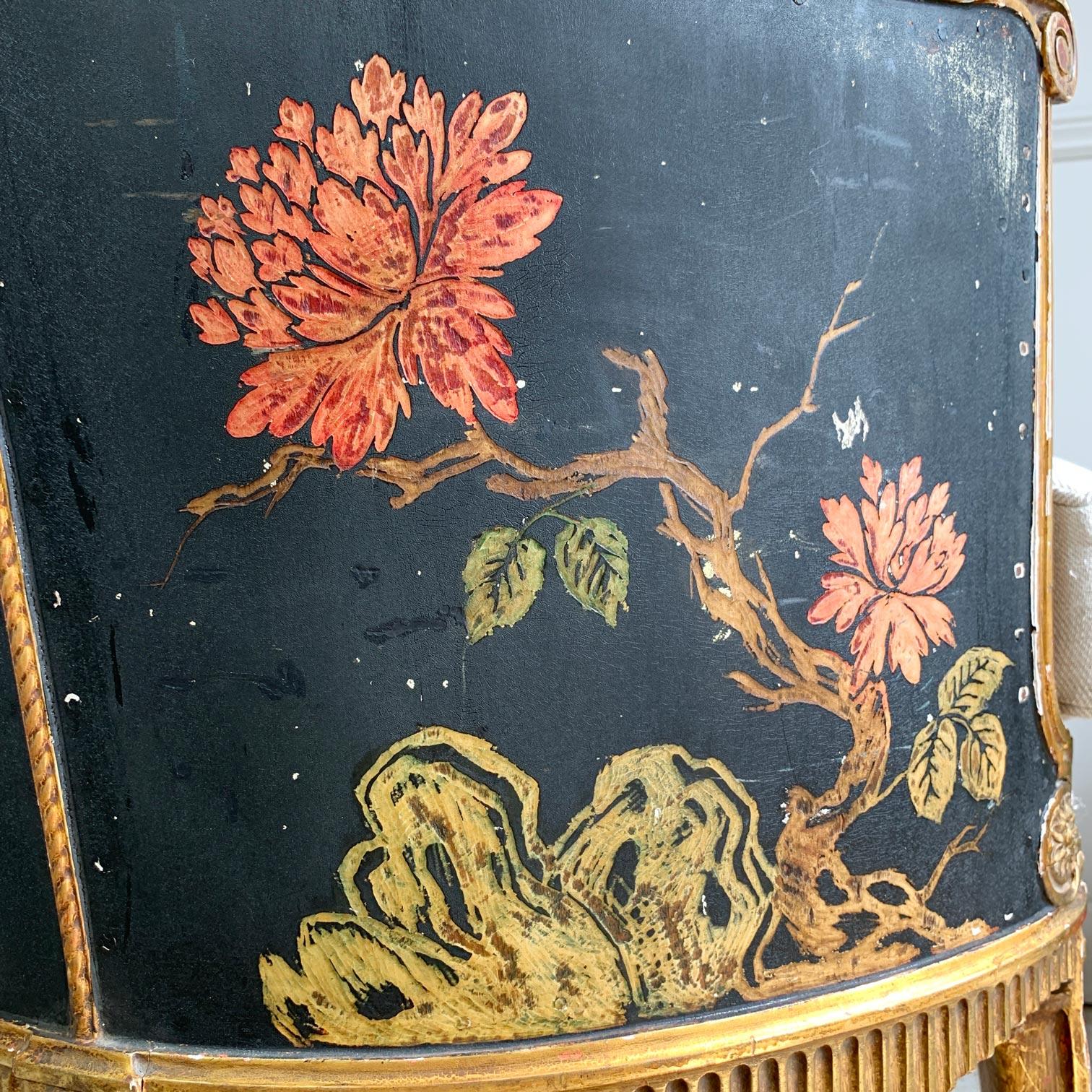 18th C Black and Gold Hand Painted French Chinoiserie Bergere Chair 4