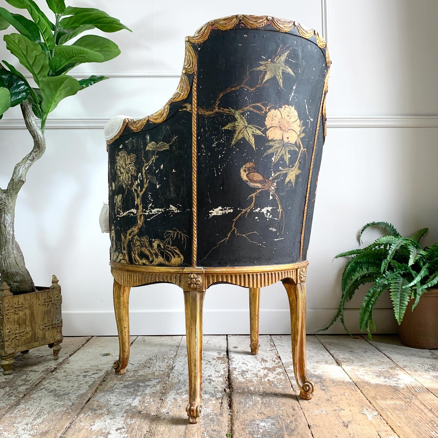 18th C Black and Gold Hand Painted French Chinoiserie Bergere Chair 11