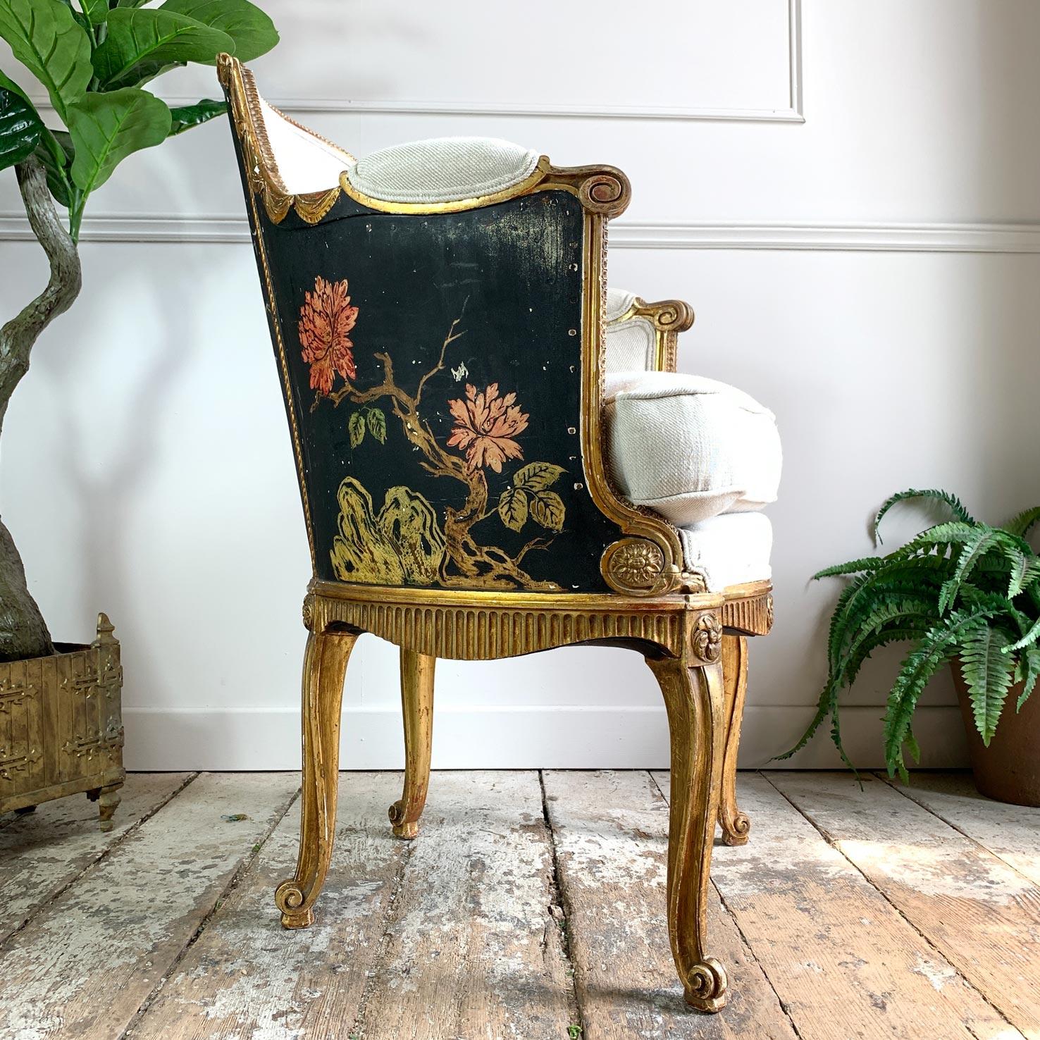 18th C Black and Gold Hand Painted French Chinoiserie Bergere Chair In Good Condition In Hastings, GB