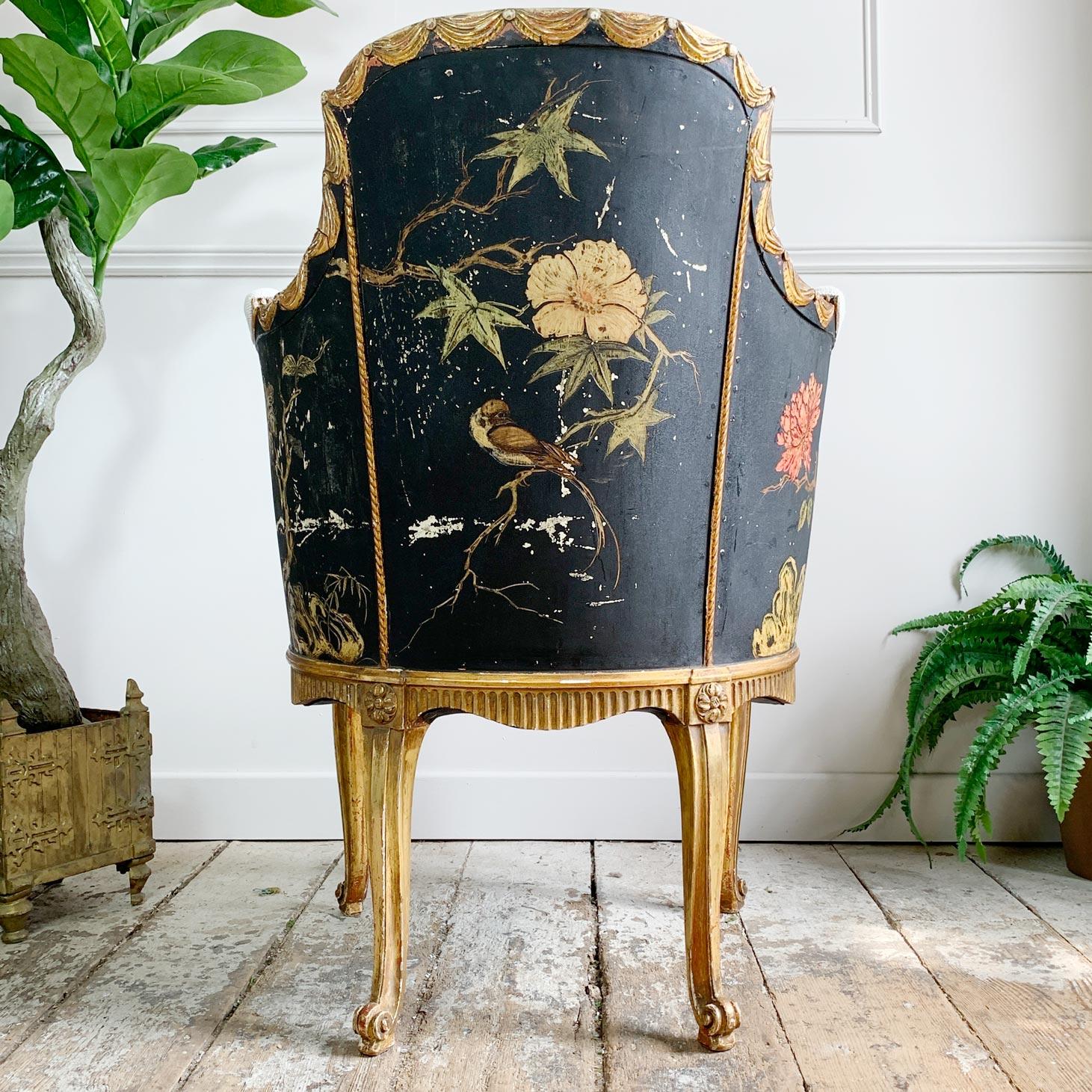 Wood 18th C Black and Gold Hand Painted French Chinoiserie Bergere Chair