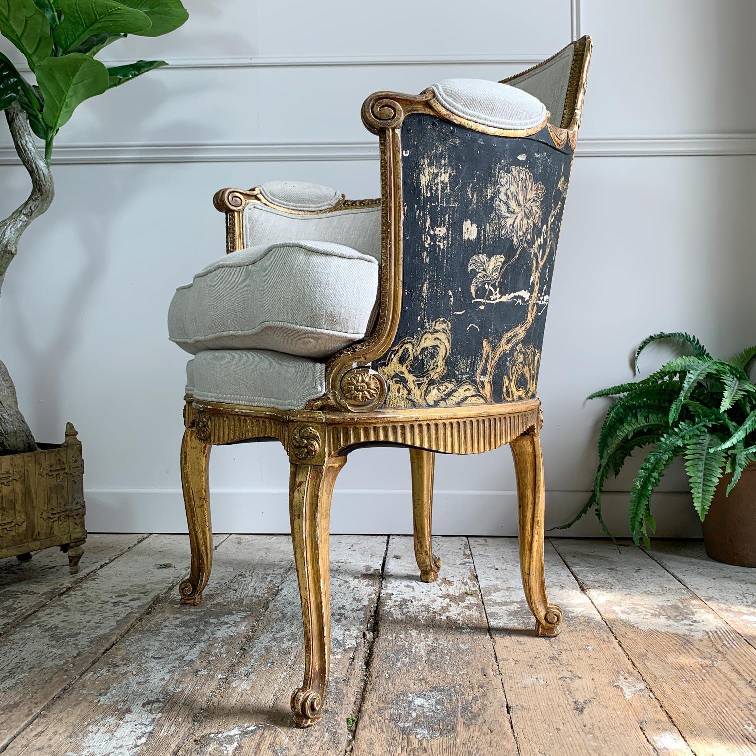 18th C Black and Gold Hand Painted French Chinoiserie Bergere Chair 2