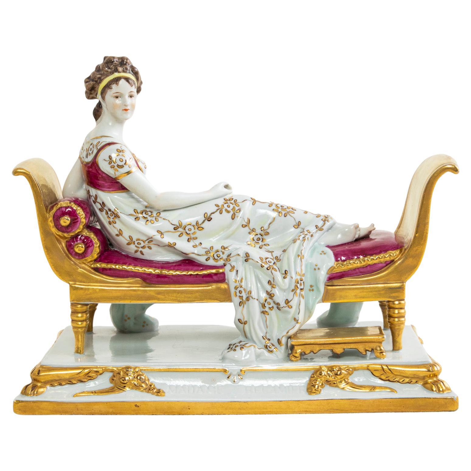 19th Century Hand Painted French Porcelain Madame Juliette Recamier Sculpture