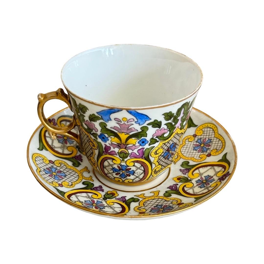 Napoleon III 19th-Century Hand-Painted Gilded Cup & Saucer, Signed E.F., France, 1887 For Sale