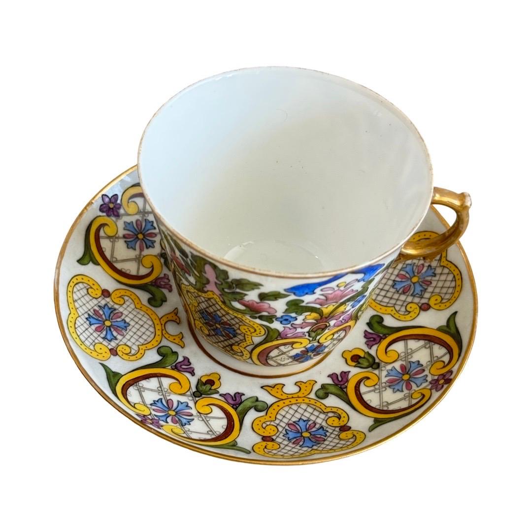19th Century 19th-Century Hand-Painted Gilded Cup & Saucer, Signed E.F., France, 1887 For Sale