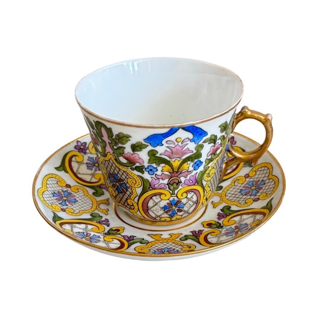 19th-Century Hand-Painted Gilded Cup & Saucer, Signed E.F., France, 1887 For Sale