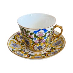 19th-Century Hand-Painted Gilded Cup & Saucer, Signed E.F., France, 1887