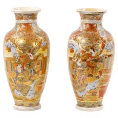 19th Century Hand Painted / Gilt Porcelain Satsuma Pair Vase