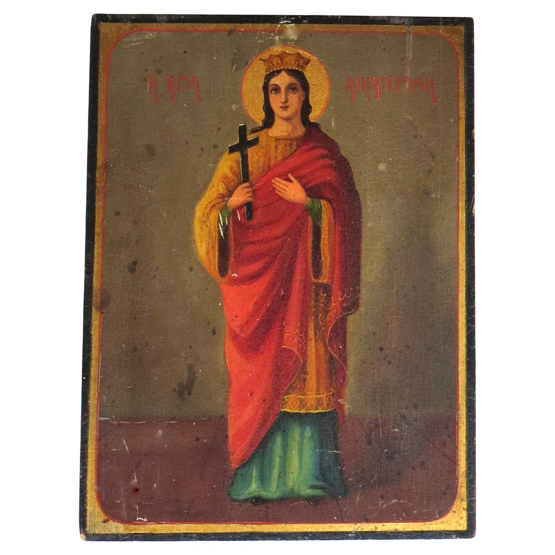 Icône religieuse orthodoxe grecque du 19e siècle peinte à la main Circa 1885 en vente