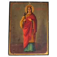 Antique 19th Century Hand Painted Greek Orthodox Religious Icon Circa 1885