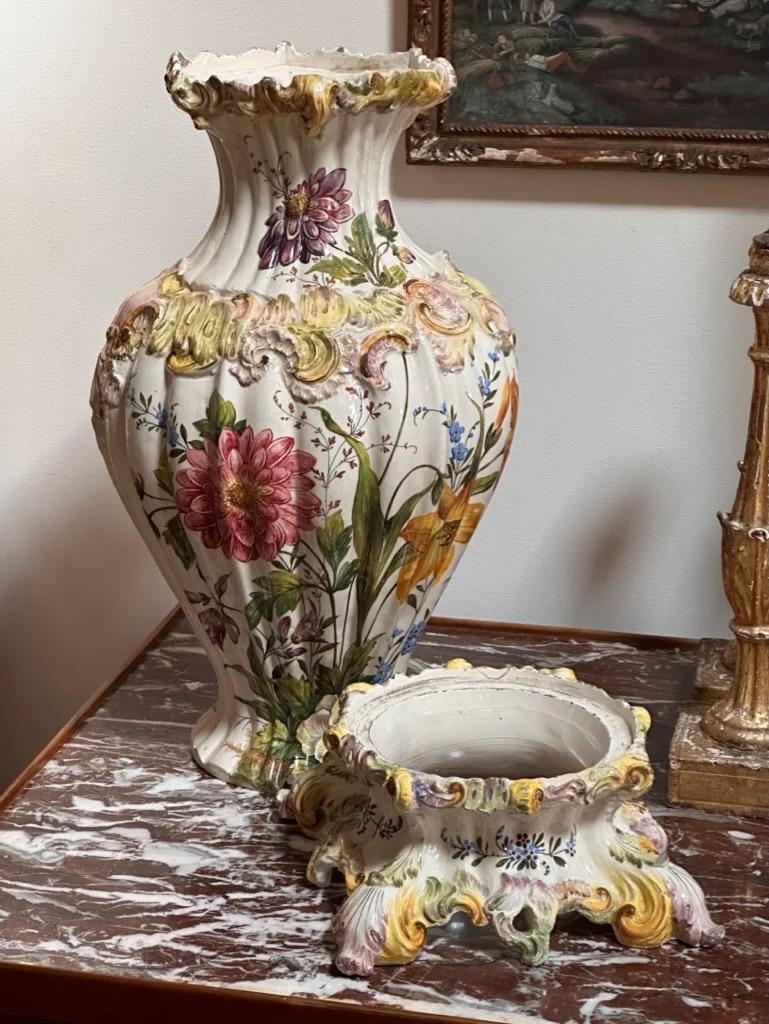 19th Century Hand-Painted Italian Faience Vase & Stand 1