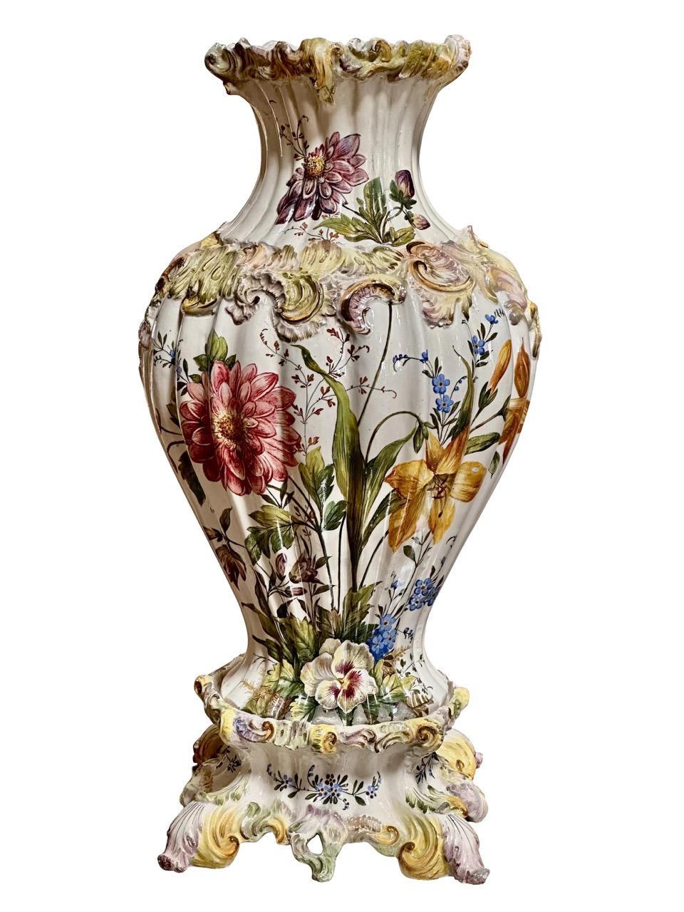 19th Century Hand-Painted Italian Faience Vase & Stand 2