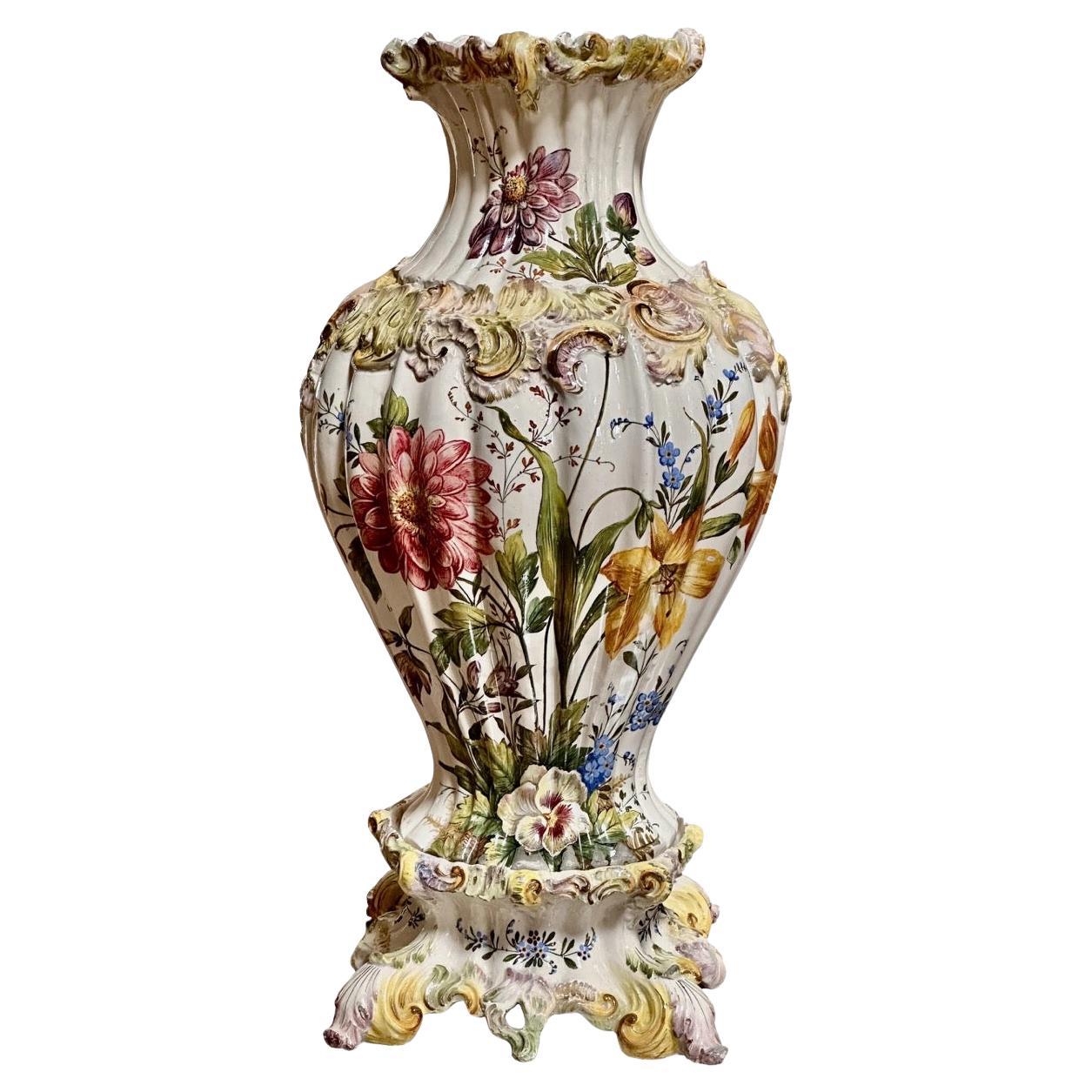 19th Century Hand-Painted Italian Faience Vase & Stand