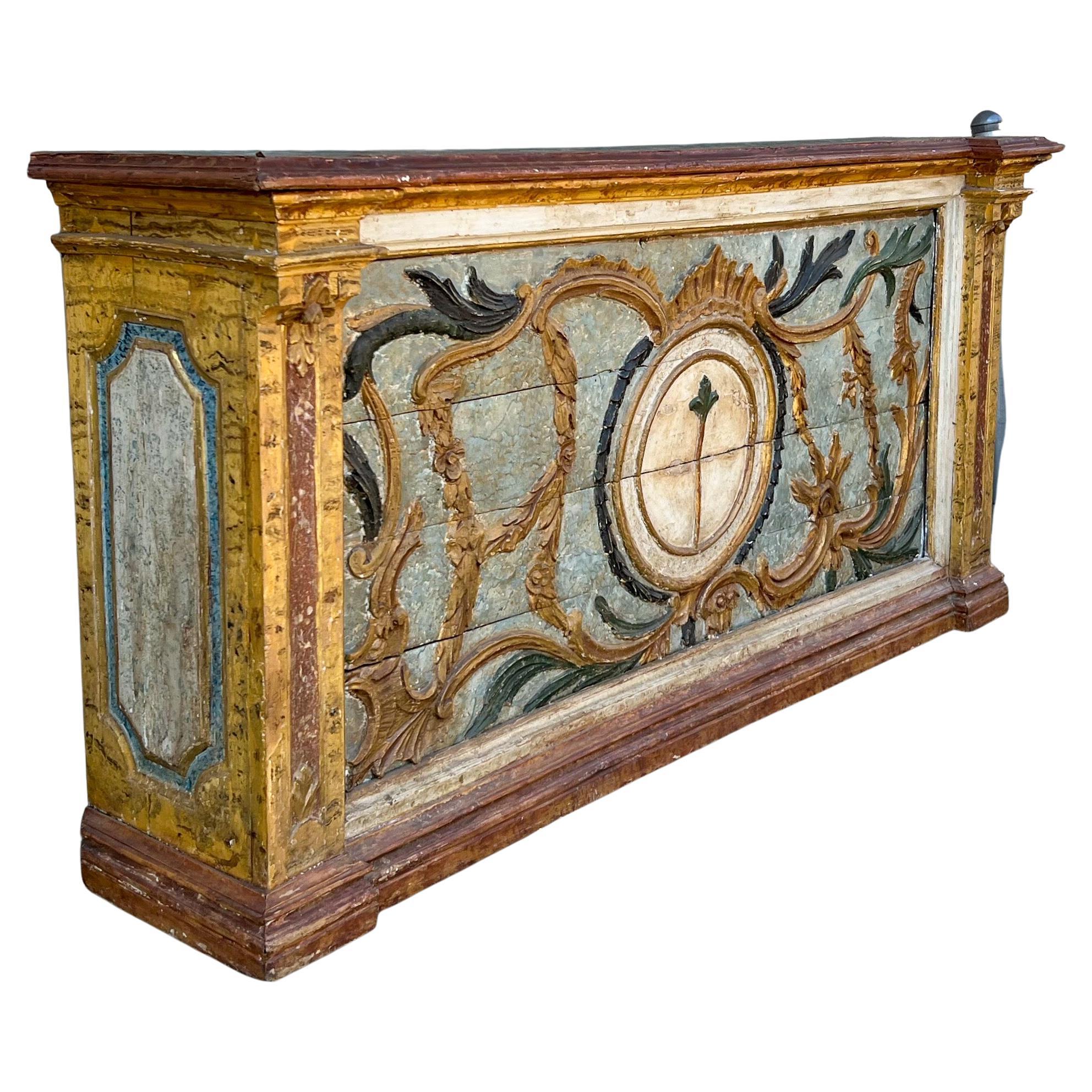 This is a majestic piece! It is a nineteenth century Italian hand painted credenza. The piece has neo-classical form, and the top, a later addition, appears to be embossed leather. 

My shipping is for the Continental US only.