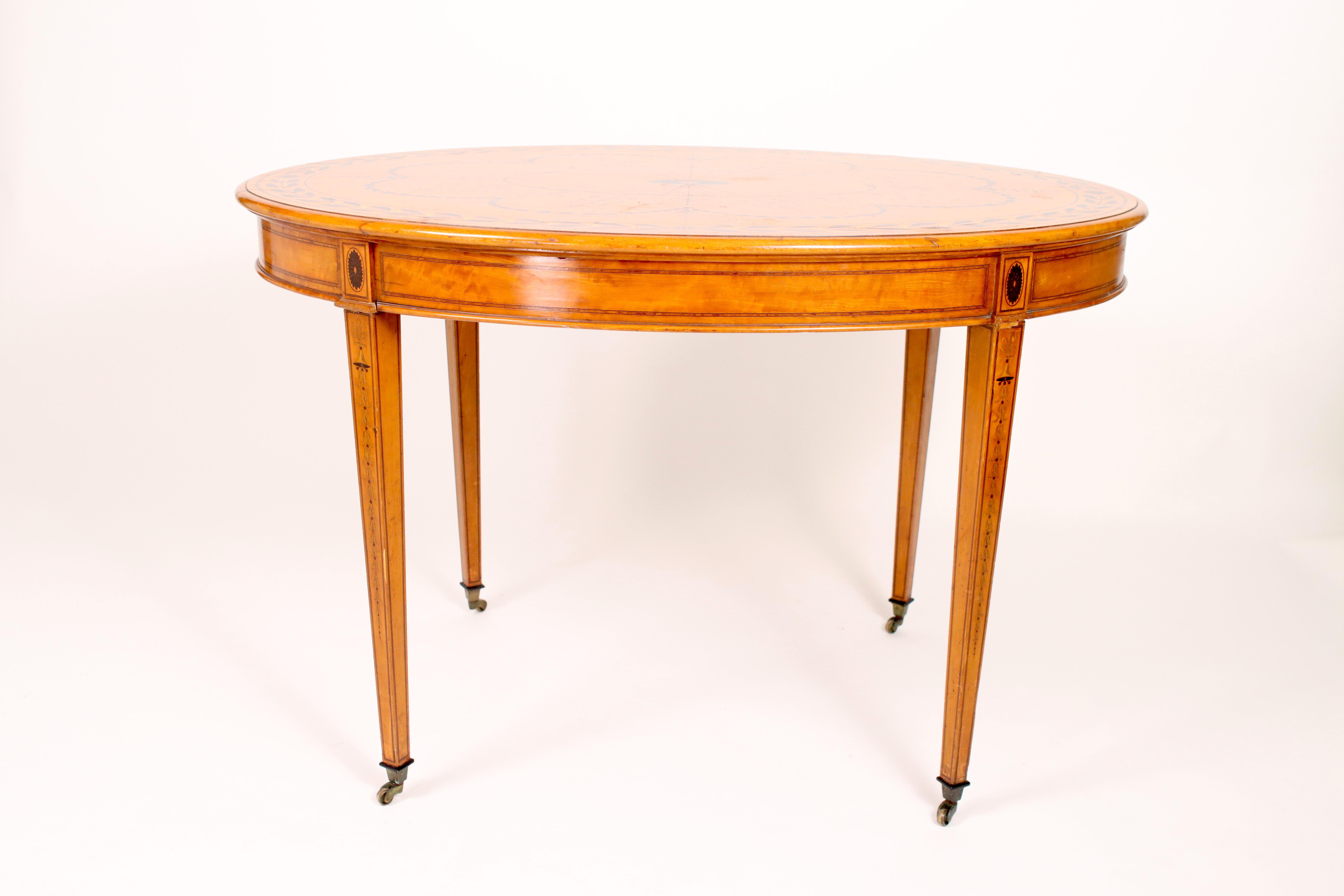 Inlay 19th Century Hand Painted, Light Satinwood European, Oval Victorian Centre Table For Sale