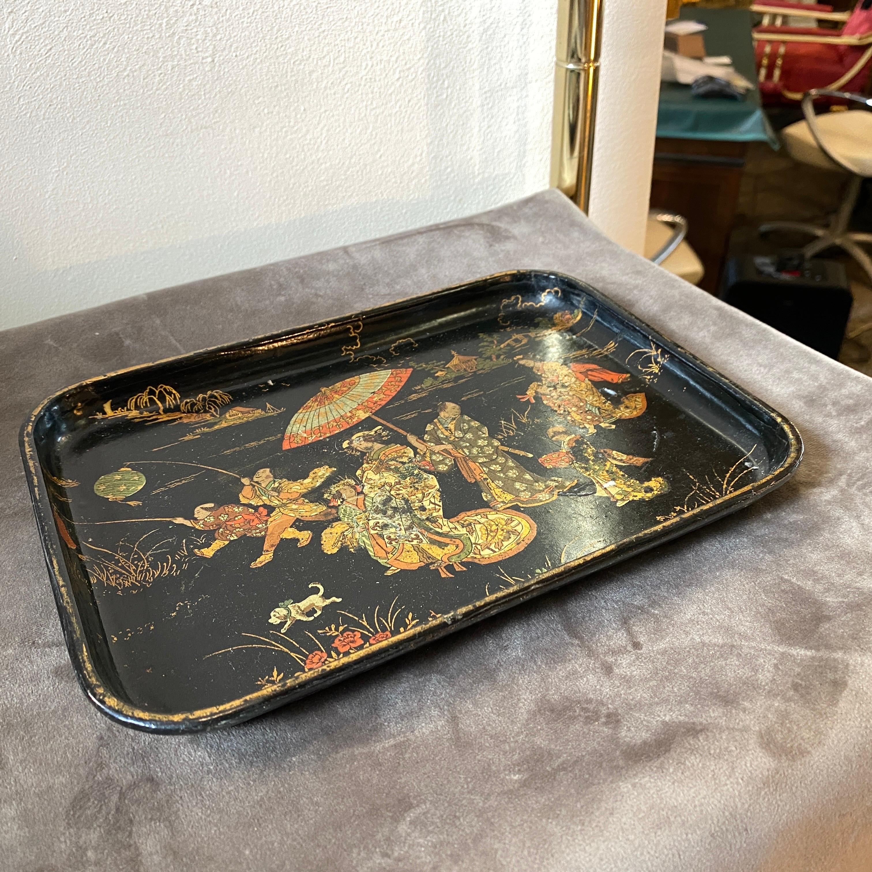 Chinoiserie 19th Century Hand- Painted Orientalist Papier Machè Small Tray