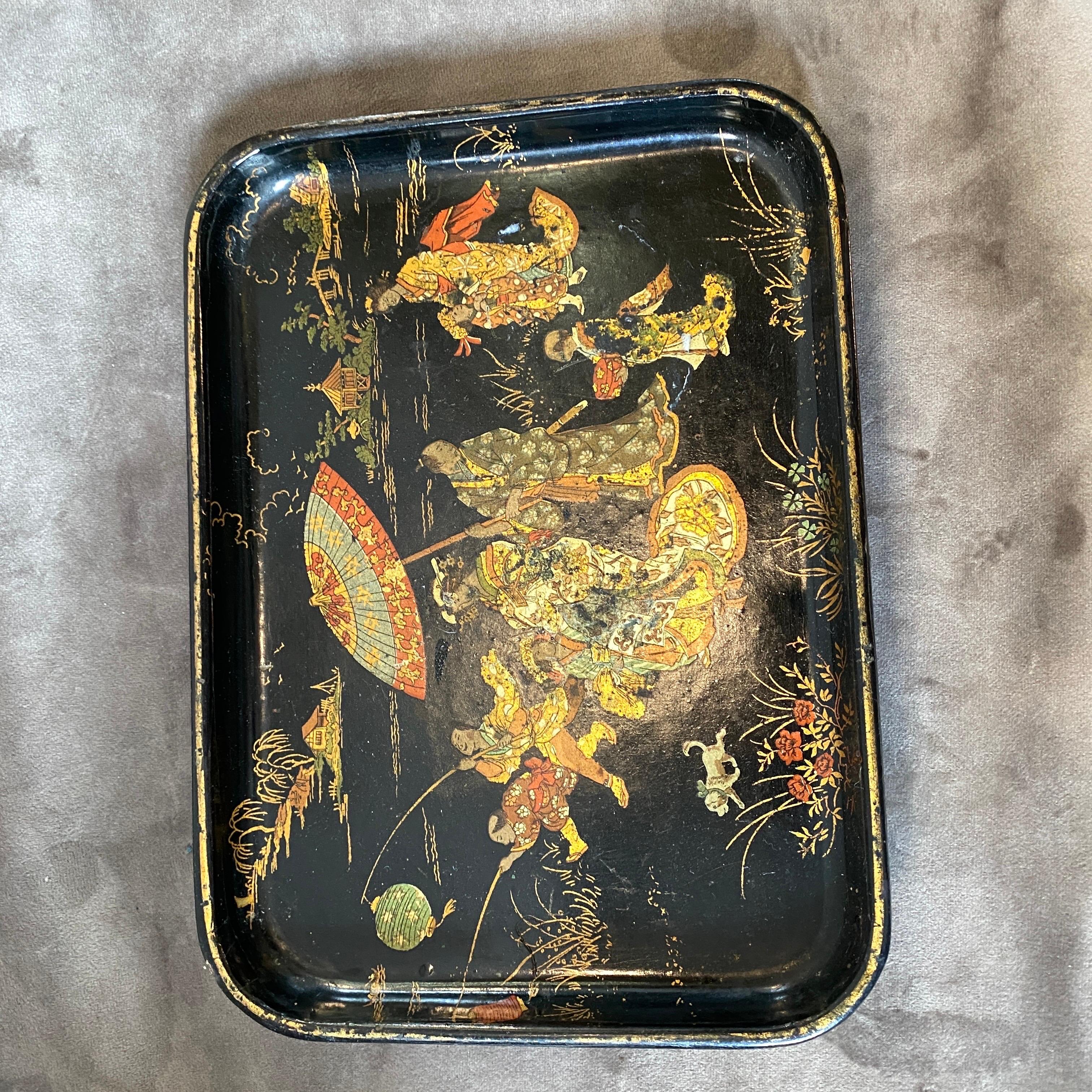 Chinese 19th Century Hand- Painted Orientalist Papier Machè Small Tray