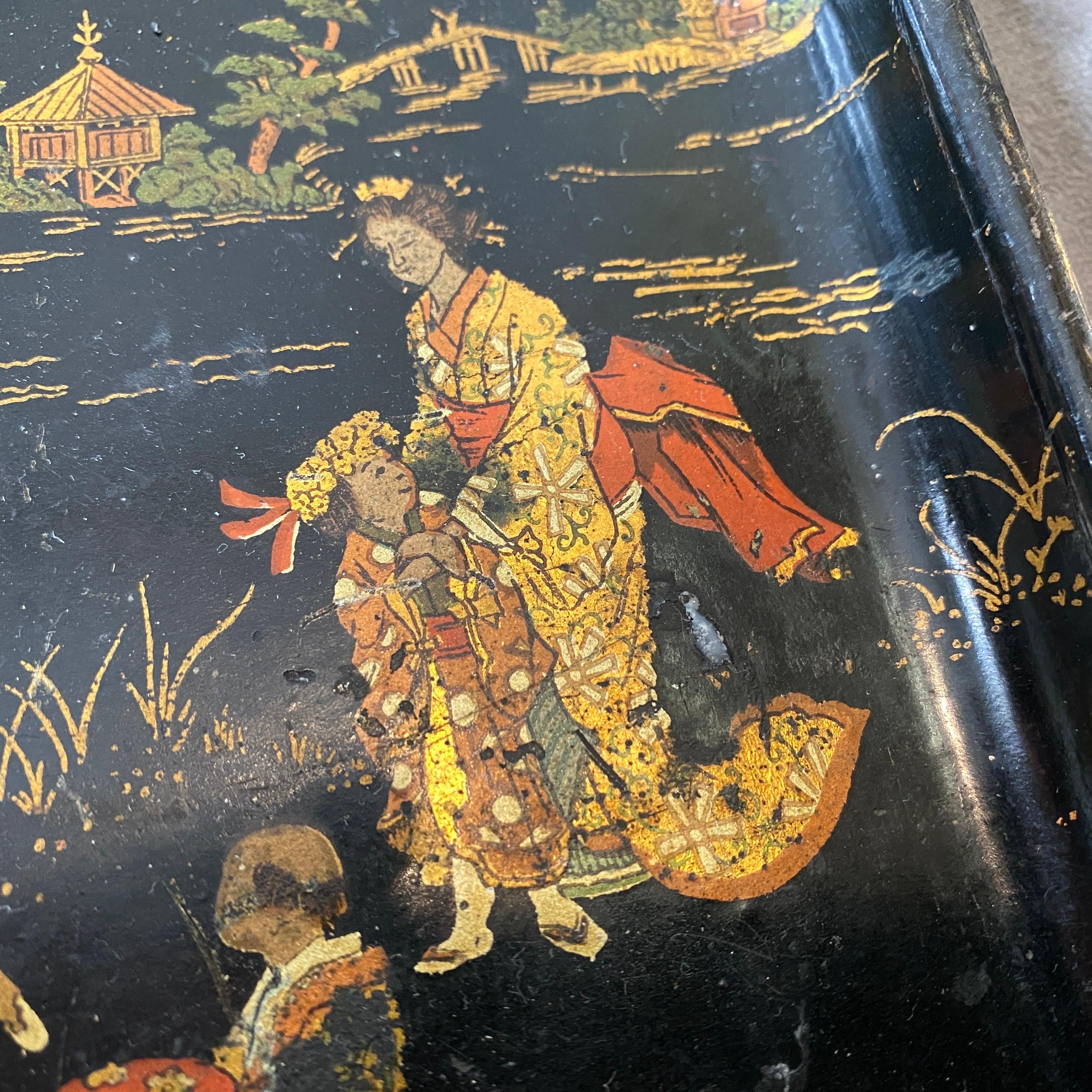 Lacquer 19th Century Hand- Painted Orientalist Papier Machè Small Tray