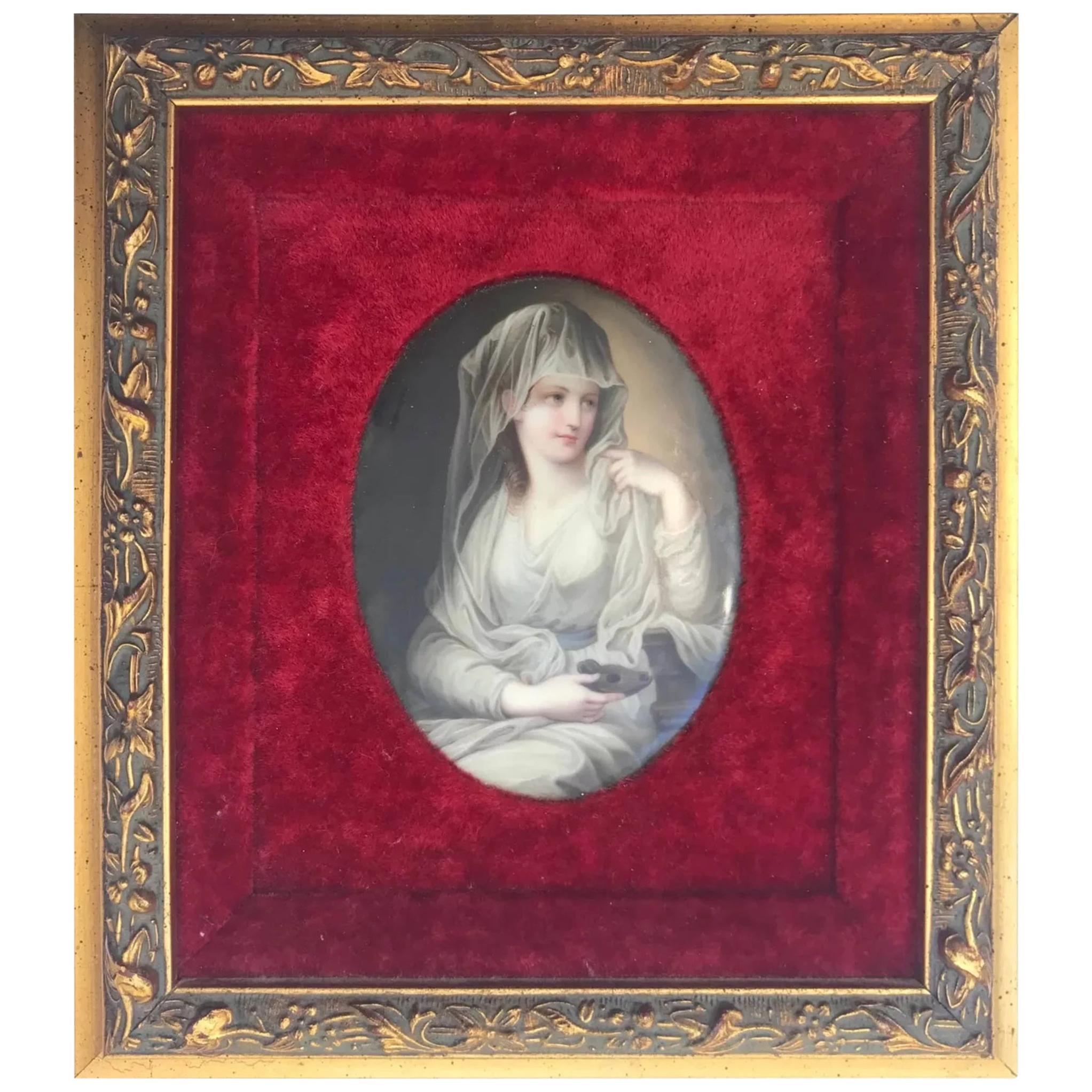 19th century hand painted oval German porcelain plaque KPM?

German porcelain plaque of the Vestal Virgin after the painting by Angelica Kauffman (Swiss 1741-1807). It depicts a young maiden dressed in a white gown, holding an oil lamp on her lap.