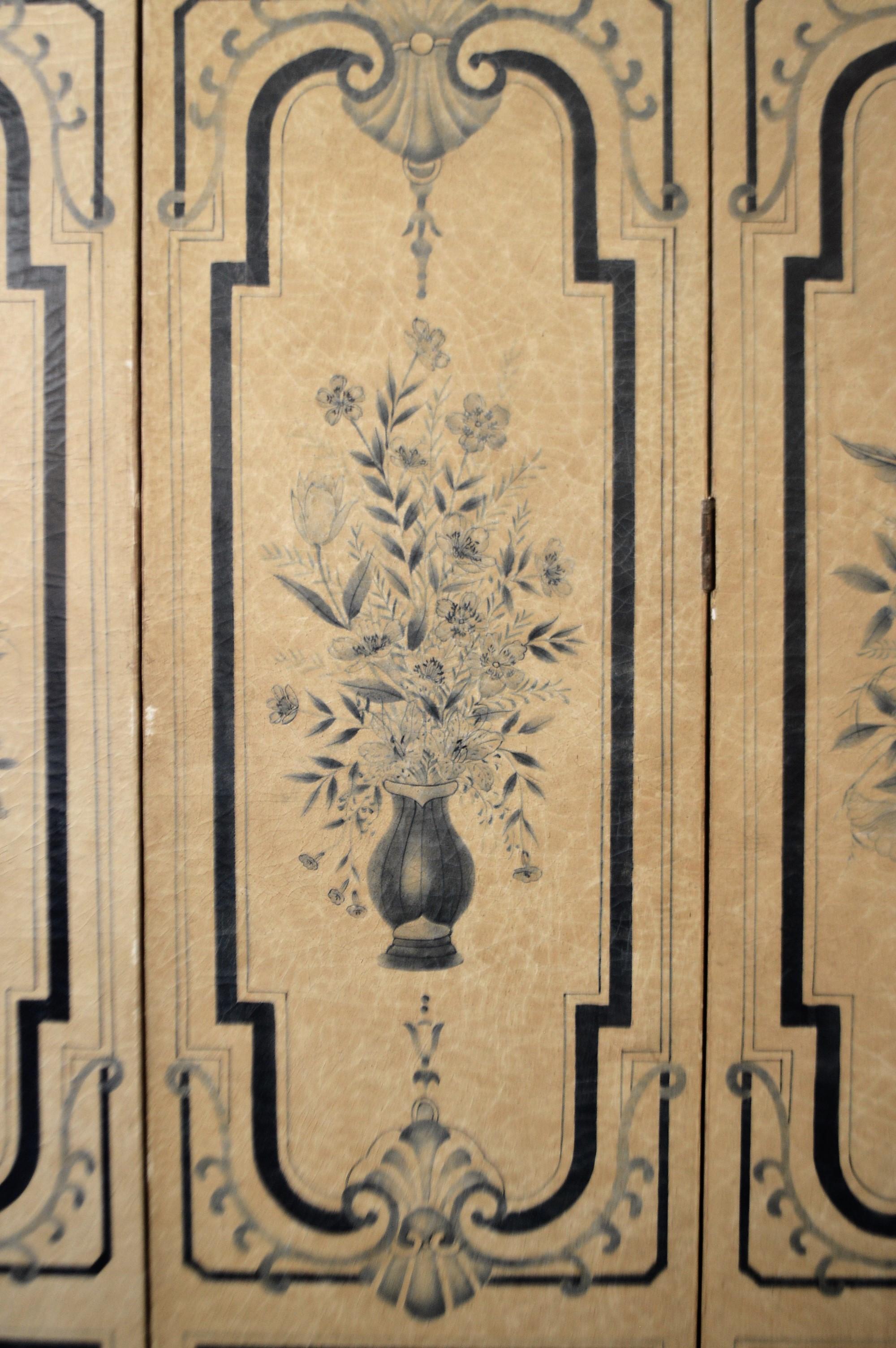 19th century para-vent, screen, hand painted with floral motifs in navy blue, painted on parchment paper.
There are four panels each of 16