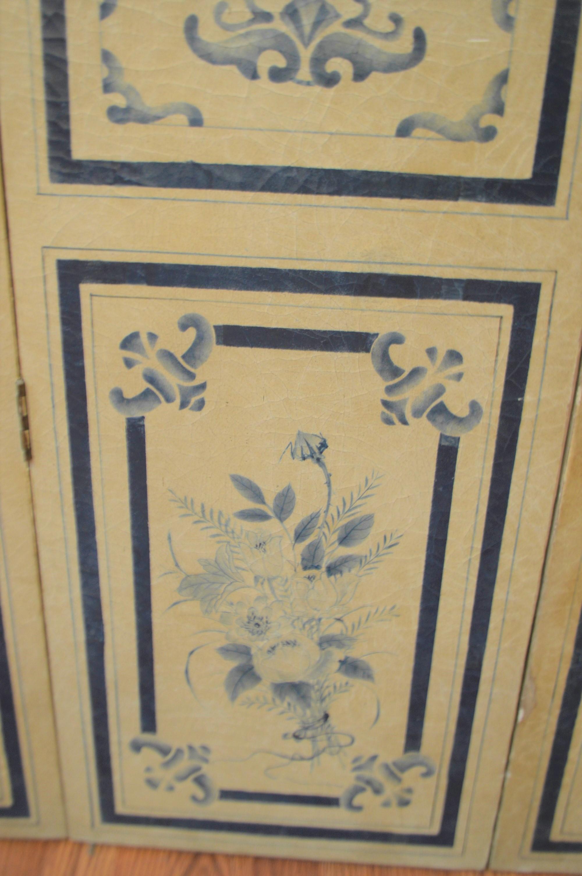 Parchment Paper 19th Century Hand Painted Para-Vent, Screen, Painted in Navy Blue on Beige For Sale