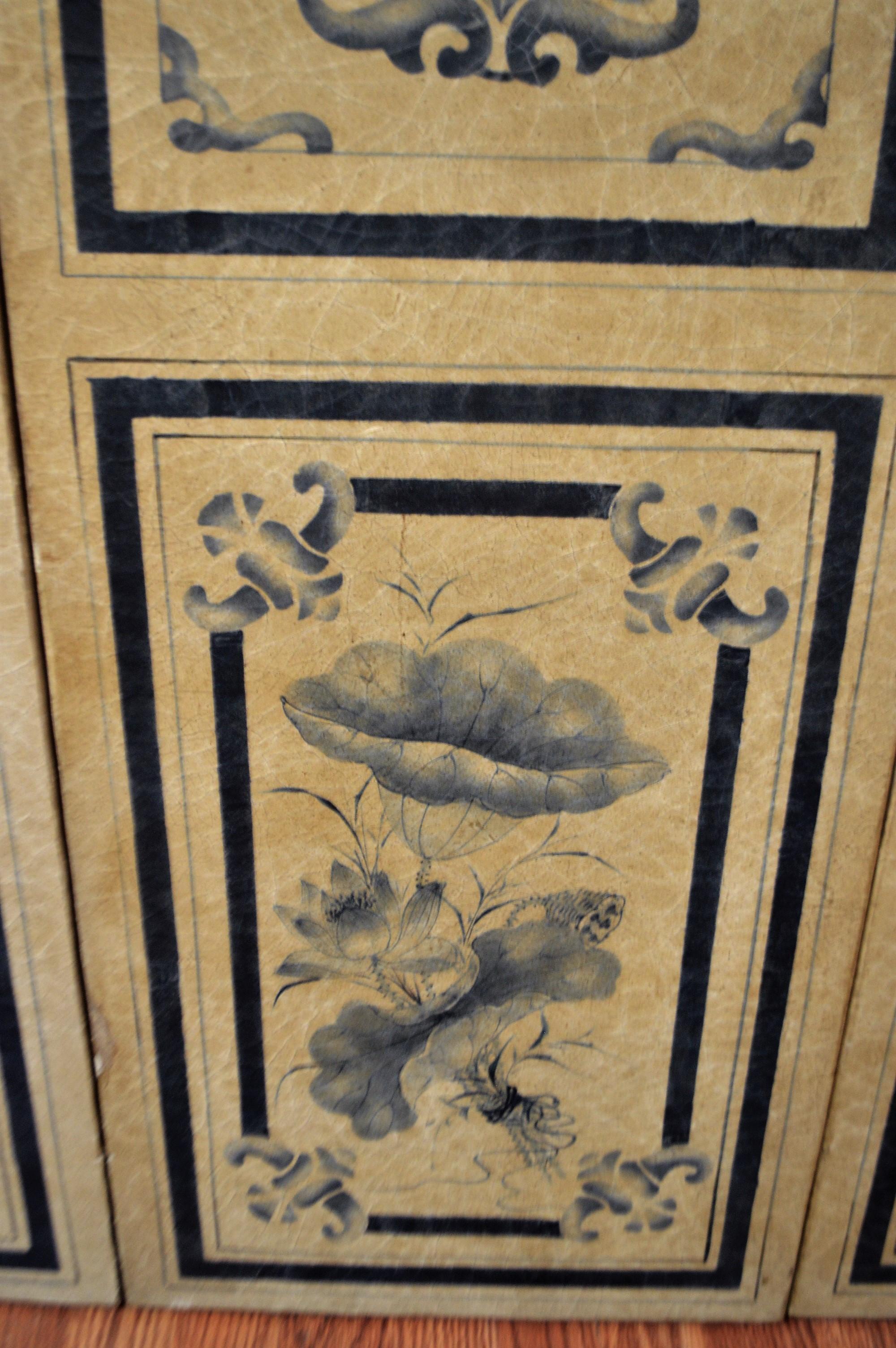 19th Century Hand Painted Para-Vent, Screen, Painted in Navy Blue on Beige For Sale 1
