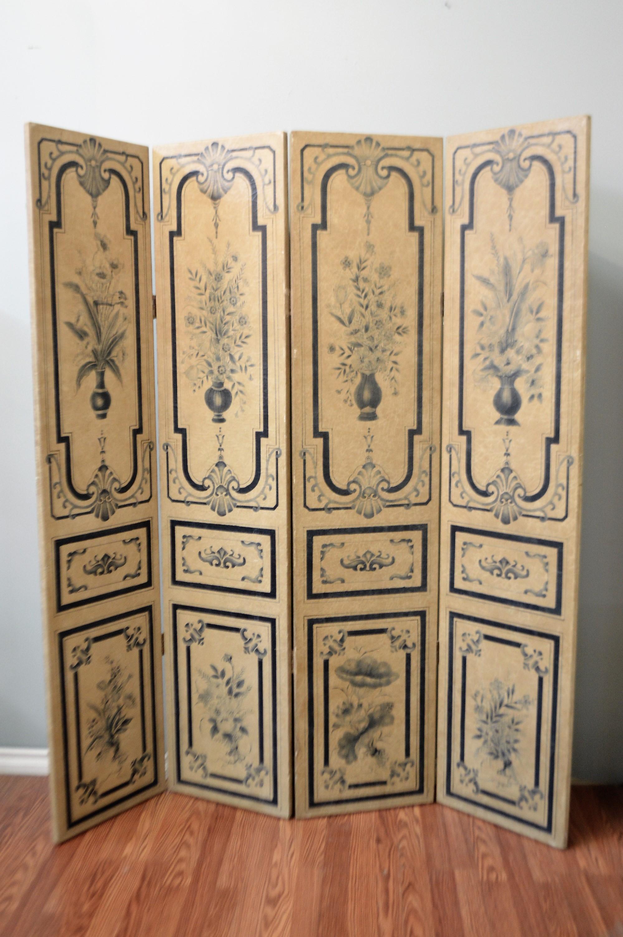 19th Century Hand Painted Para-Vent, Screen, Painted in Navy Blue on Beige For Sale 2