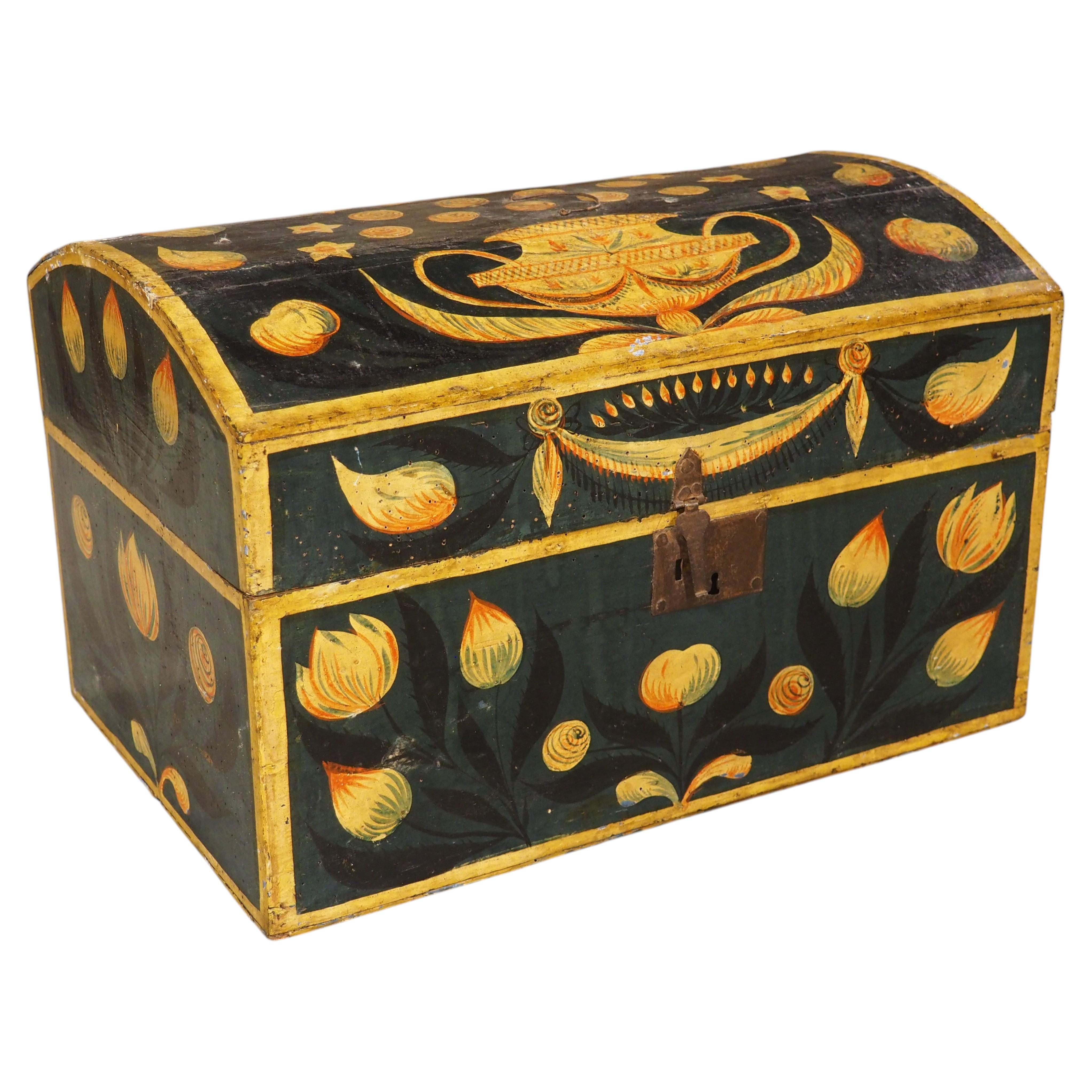 19th Century Hand Painted Polychrome Trunk with Floral Decor, Normandy France