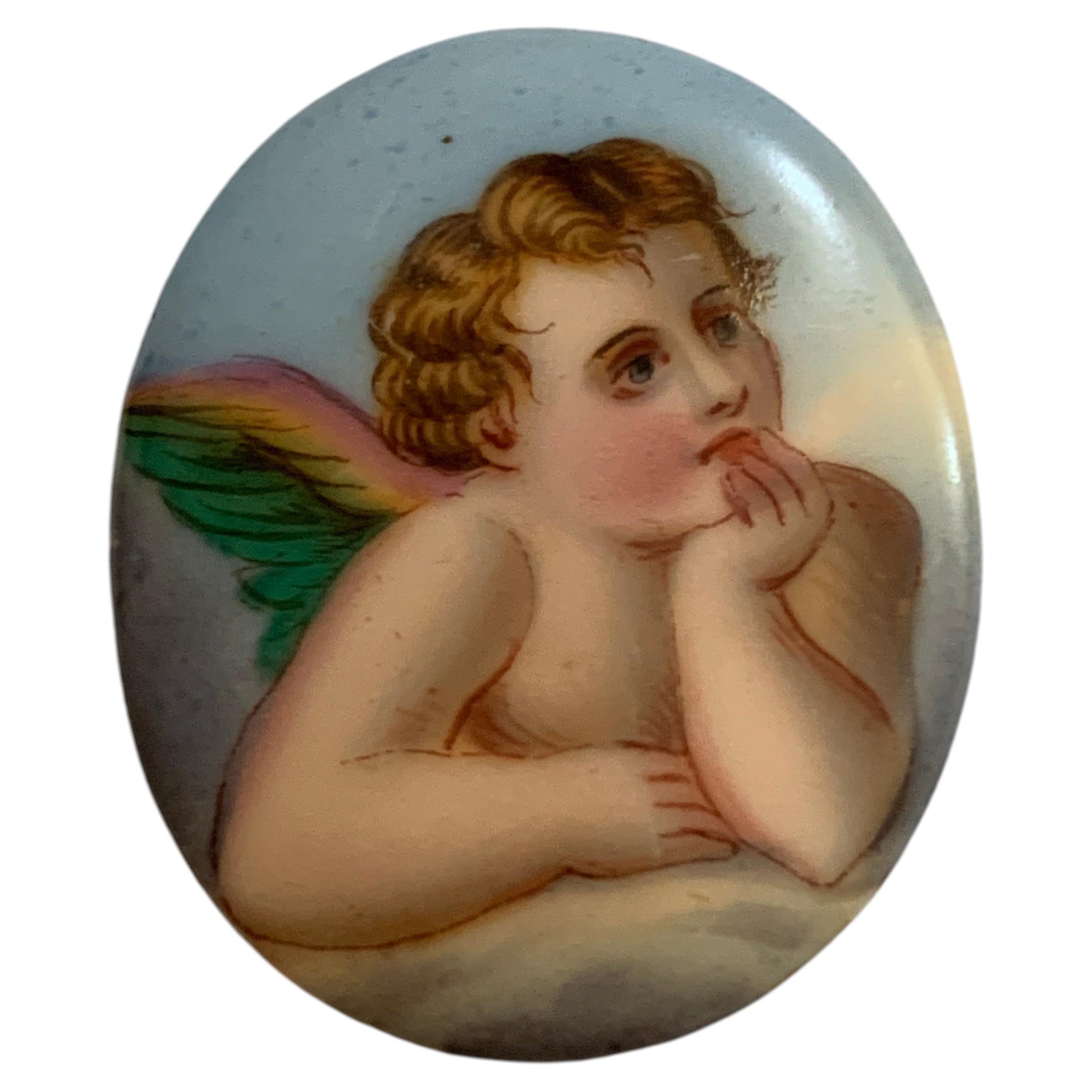 19th-Century Hand-Painted Porcelain Cherub Miniature Plaque For Sale