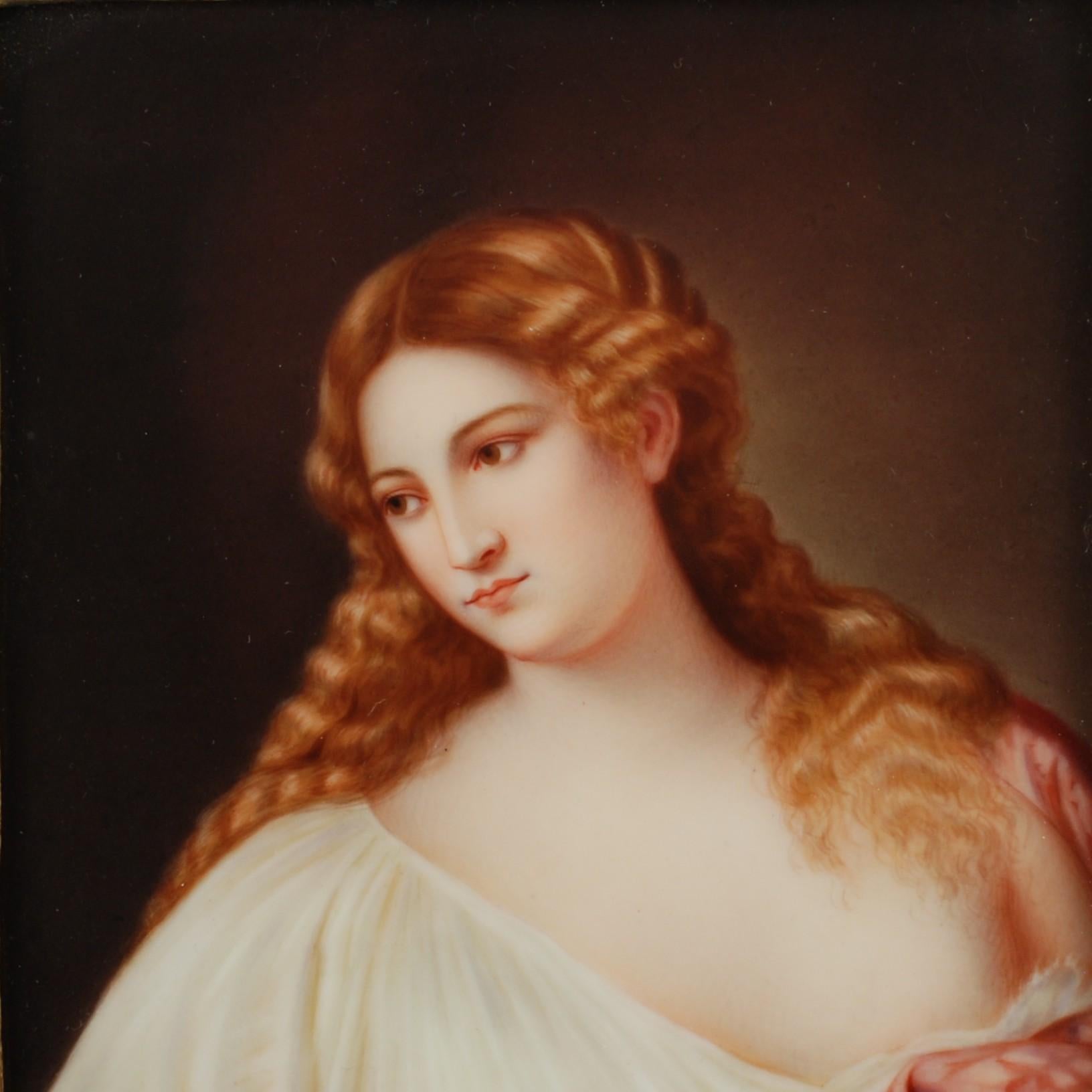Renaissance Plaque en porcelaine peinte à la main du 19ème siècle, « Flora » d'après le Titien, signée par Rau en vente