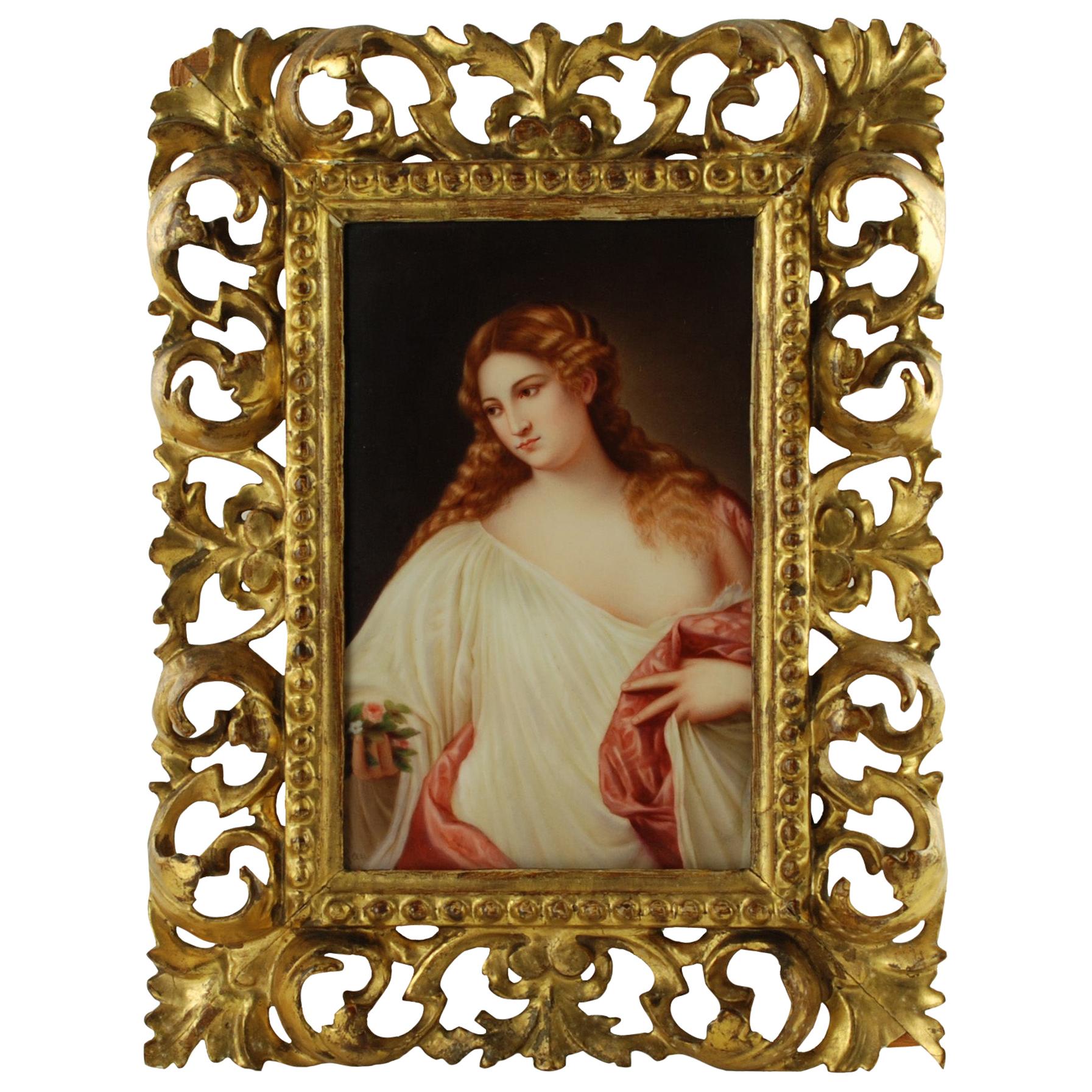 19th Century Hand-Painted Porcelain Plaque, "Flora" after Titian Signed by Rau