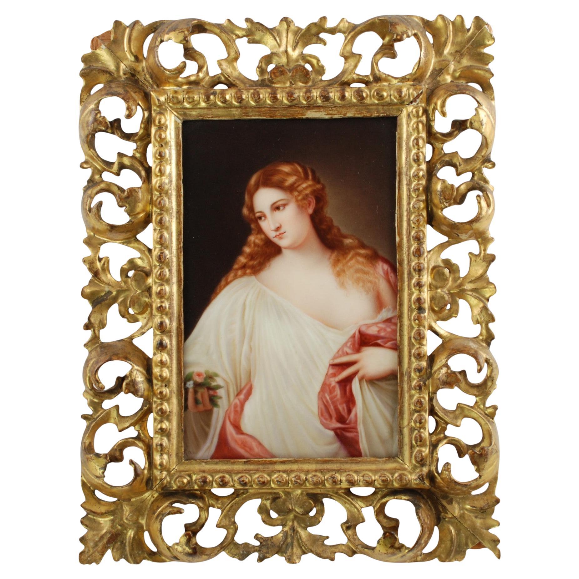 Plaque en porcelaine peinte à la main du 19ème siècle, « Flora » d'après le Titien, signée par Rau
