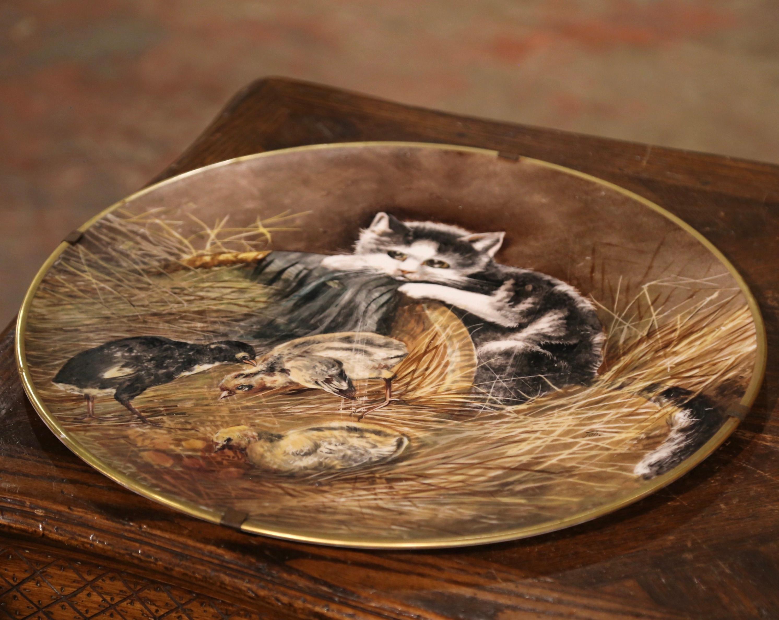  Wandteller aus handbemalter Porzellan des 19. Jahrhunderts mit Katze, gestempelt J.P. Frankreich im Angebot 4