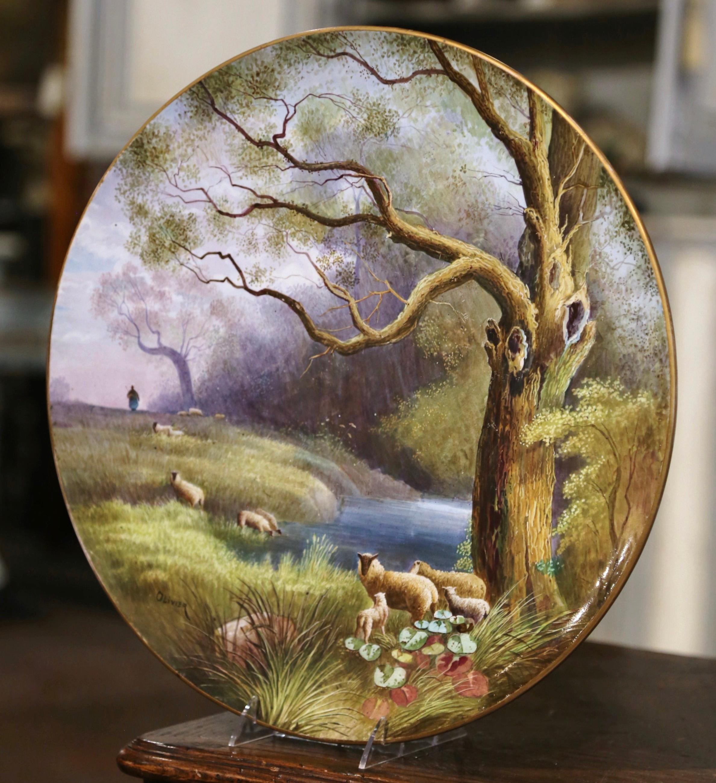 French  19th Century Hand Painted Porcelain Wall Platter with Sheep Signed Olivier For Sale