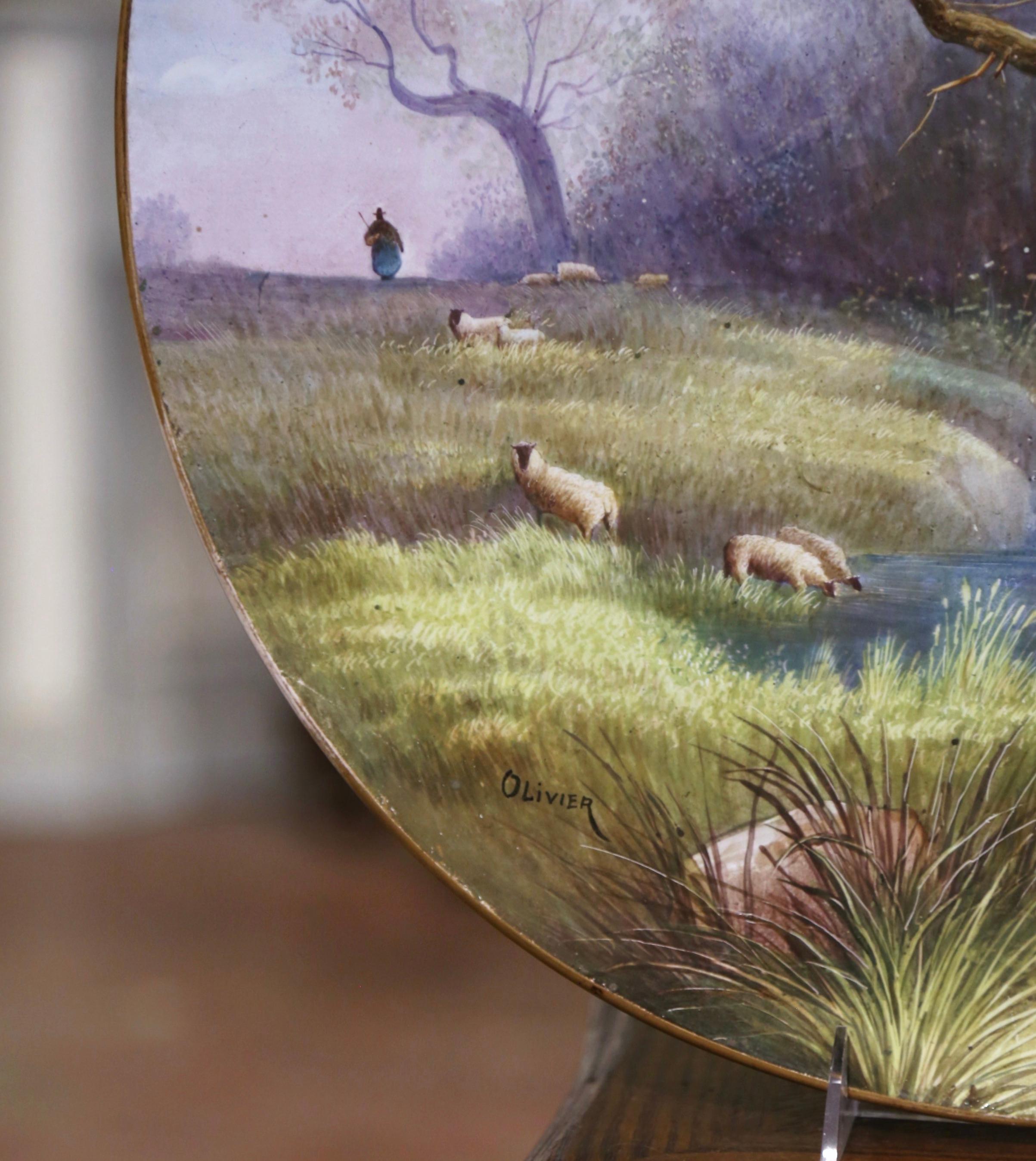  19th Century Hand Painted Porcelain Wall Platter with Sheep Signed Olivier For Sale 3