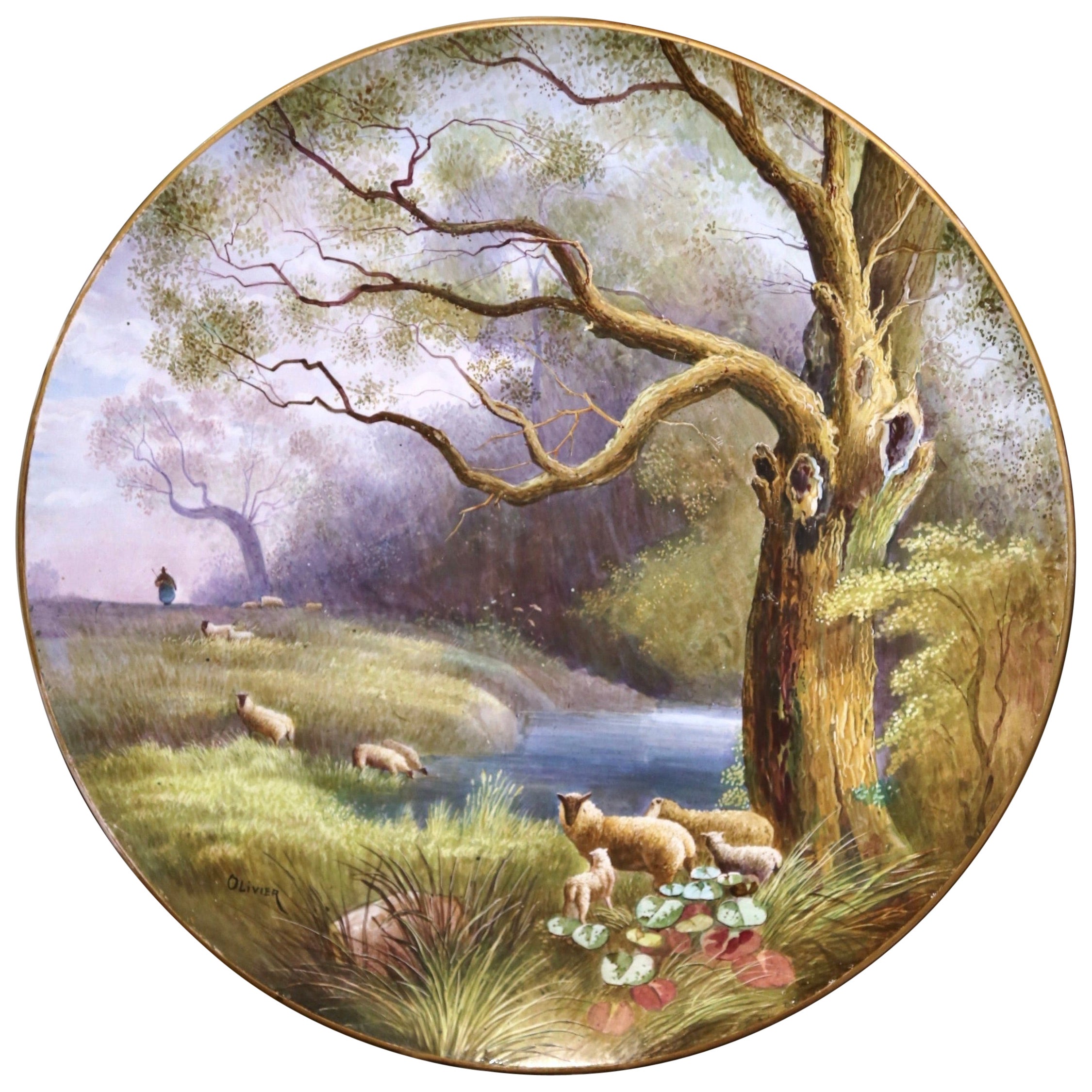 Plat mural en porcelaine peinte à la main du 19e siècle avec mouton Signé Olivier