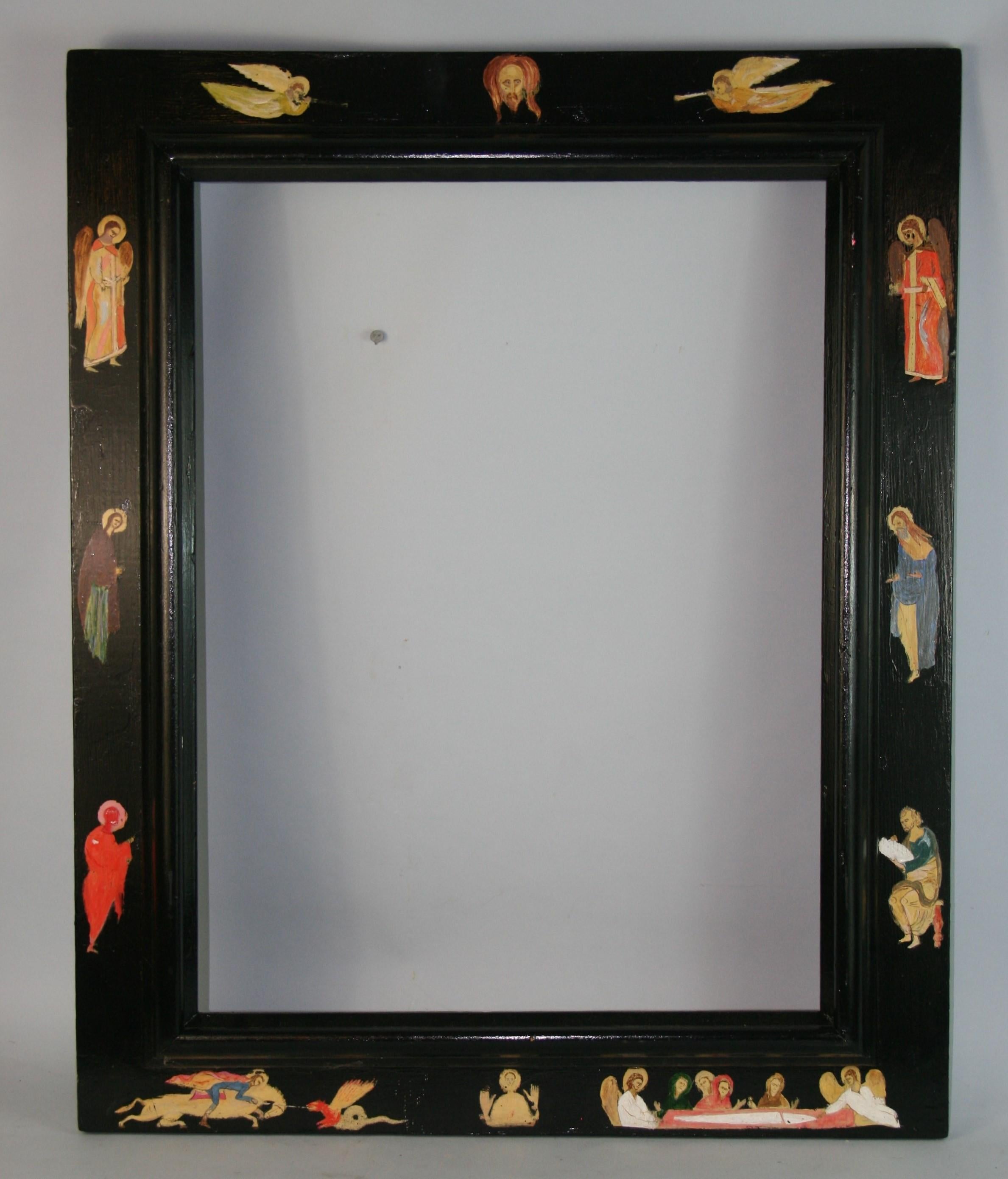 1640 Cadre de miroir ancien avec figures religieuses peintes à la main
Taille du lapin 20x26