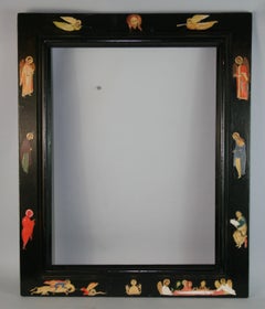 Antique Hardwood Mirror Frame with Hand-Painted Religious Figures