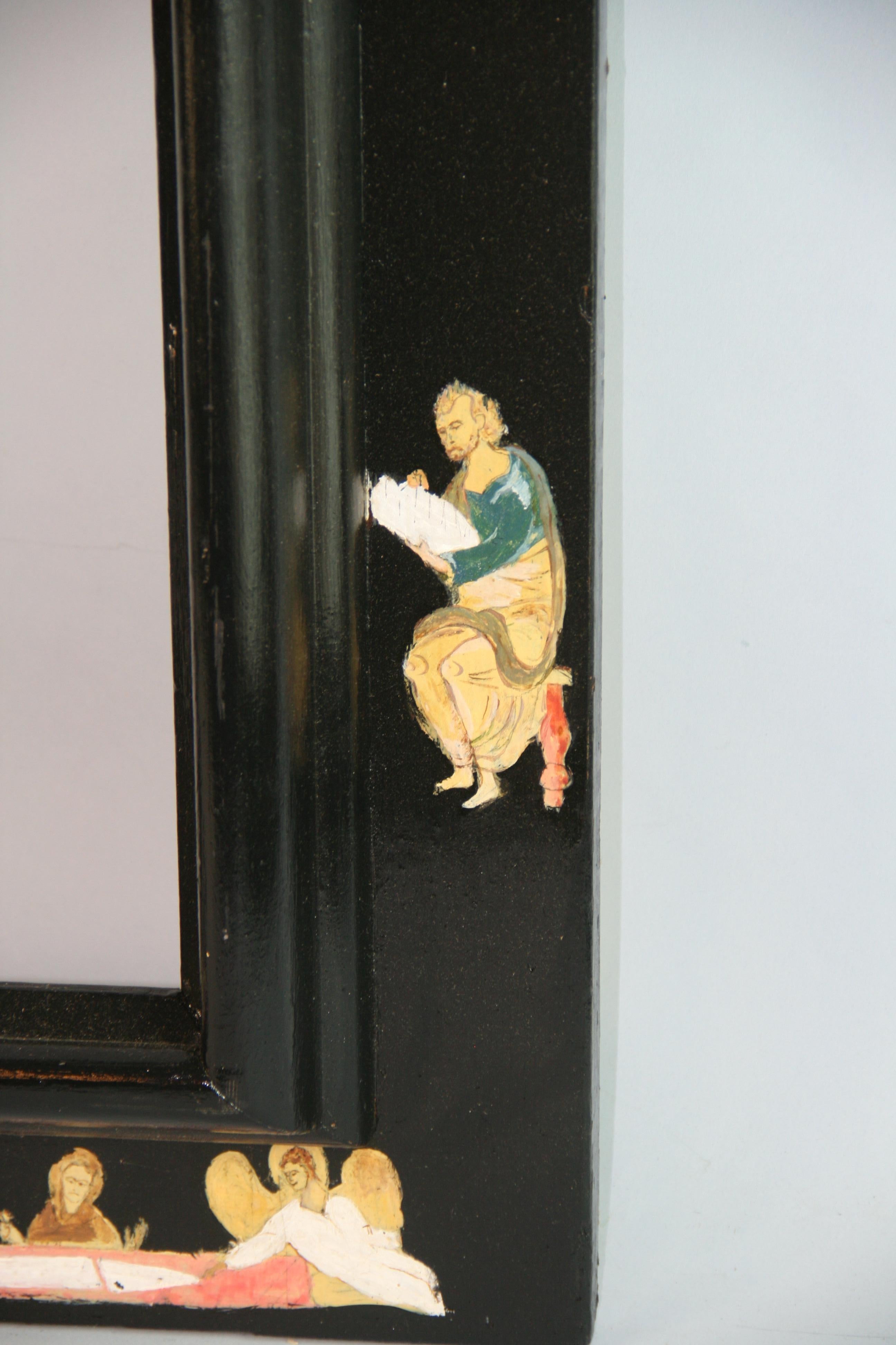 Bois de feuillus Miroir religieux peint à la main du 19ème siècle  Cadre en vente