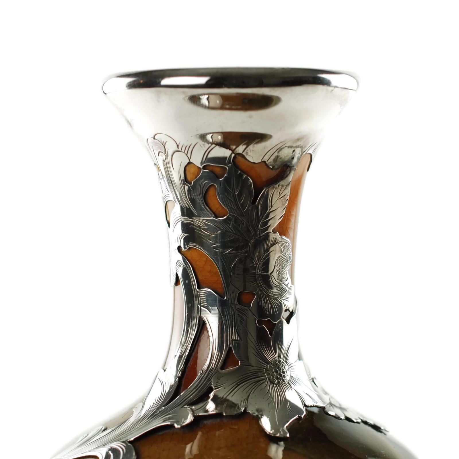 Late 19th Century 19th Century Hand Painted Rookwood Vase with Gorham Sterling Silver Overlay