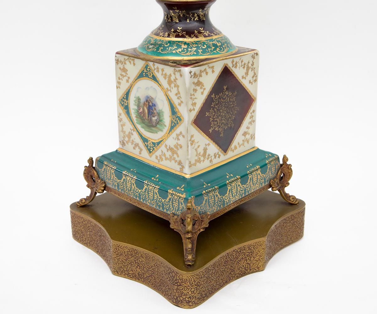 19th Century Hand Painted Royal Vienna Tall Lamp with Green Shade For Sale 4