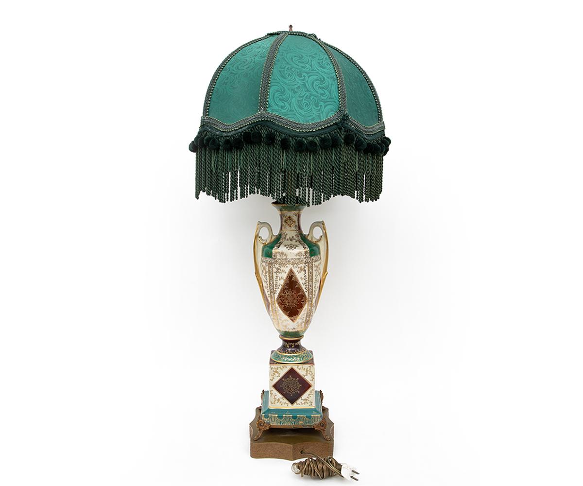 Other 19th Century Hand Painted Royal Vienna Tall Lamp with Green Shade For Sale
