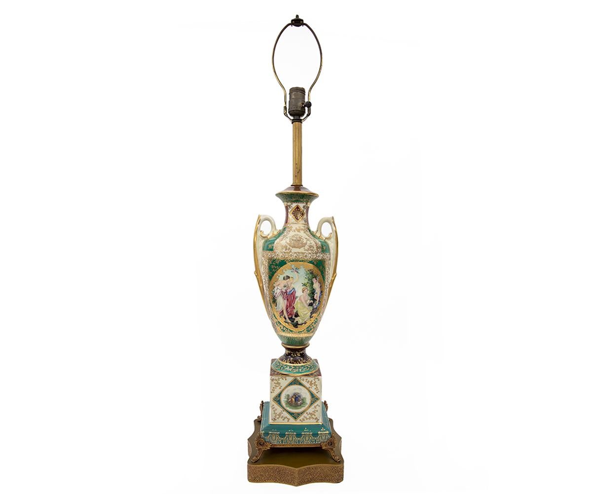 European 19th Century Hand Painted Royal Vienna Tall Lamp with Green Shade For Sale