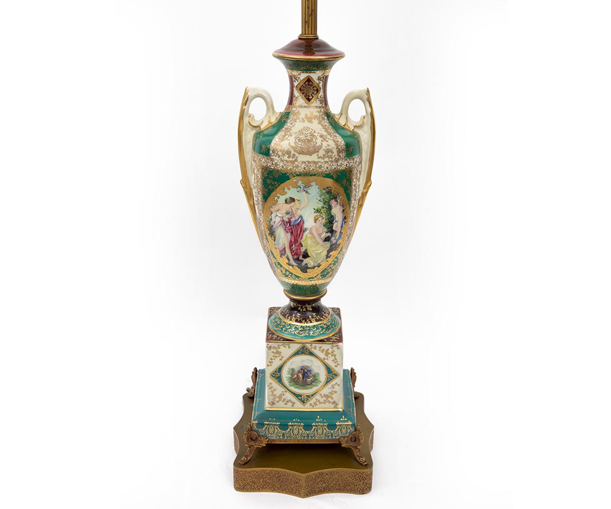 19th Century Hand Painted Royal Vienna Tall Lamp with Green Shade In Good Condition For Sale In Laguna Beach, CA