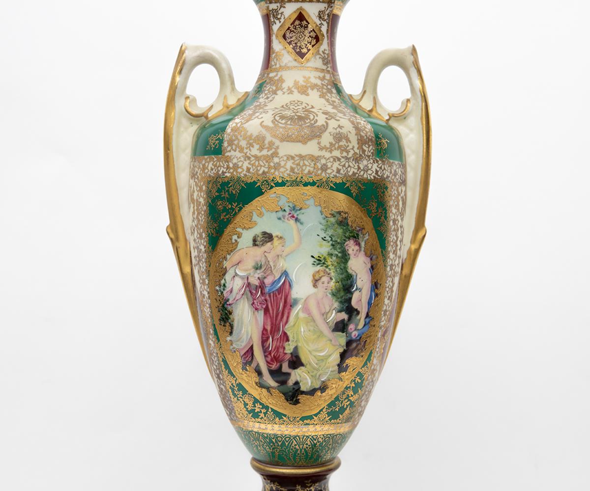 Porcelain 19th Century Hand Painted Royal Vienna Tall Lamp with Green Shade For Sale