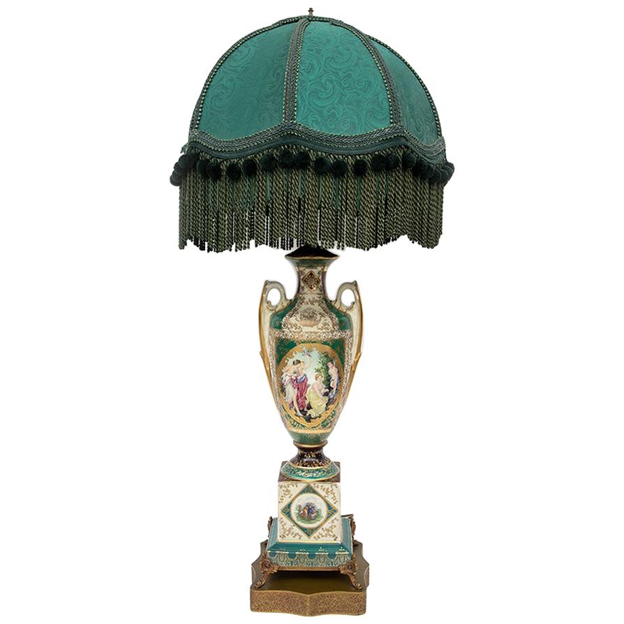 19th Century Hand Painted Royal Vienna Tall Lamp with Green Shade For Sale
