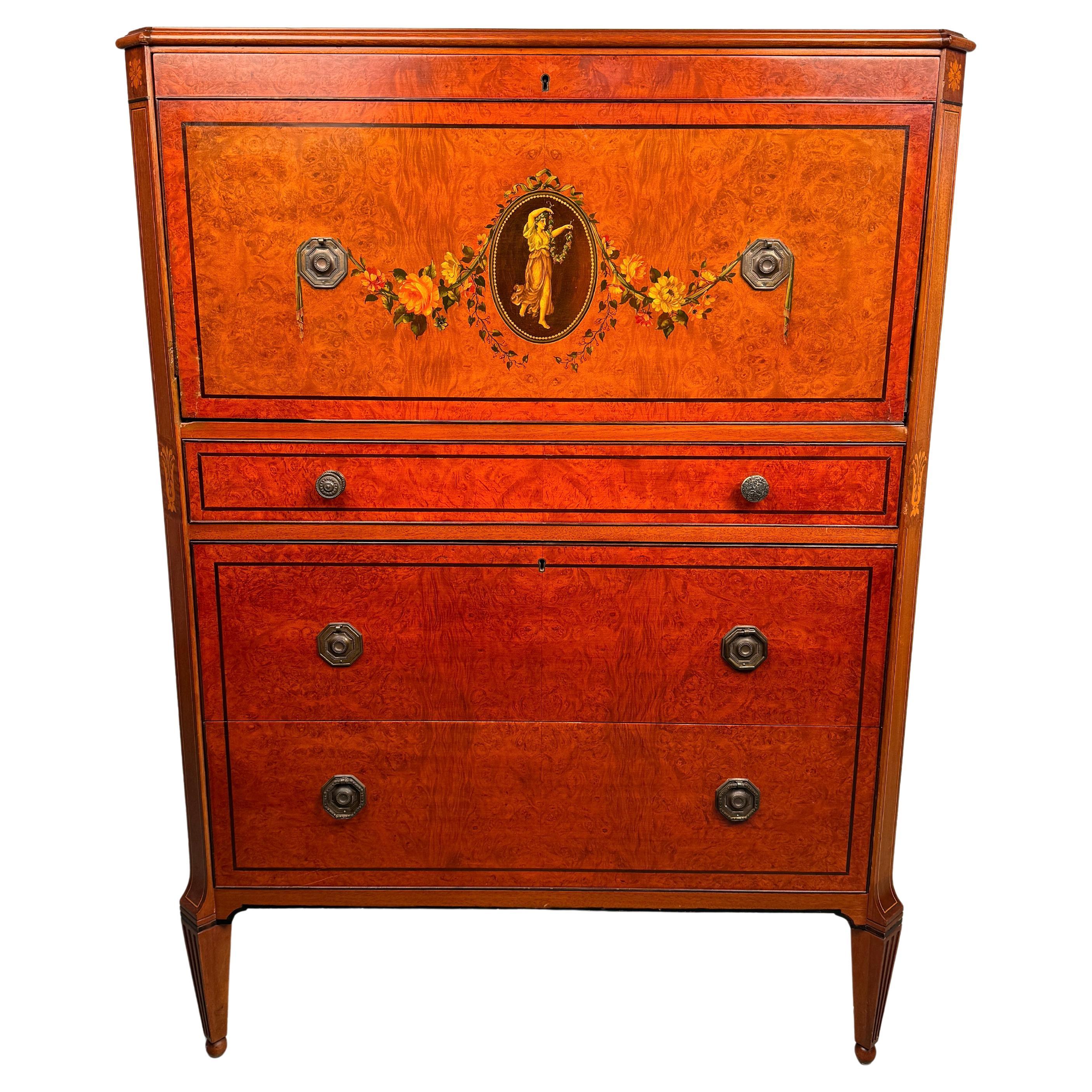 19th Century Hand-Painted Satin Wood Secretary Dresser