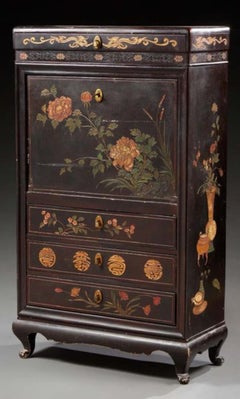 Secretaria del Siglo XIX Pintada a Mano con Cajones Ocultos y Decoraciones Florales